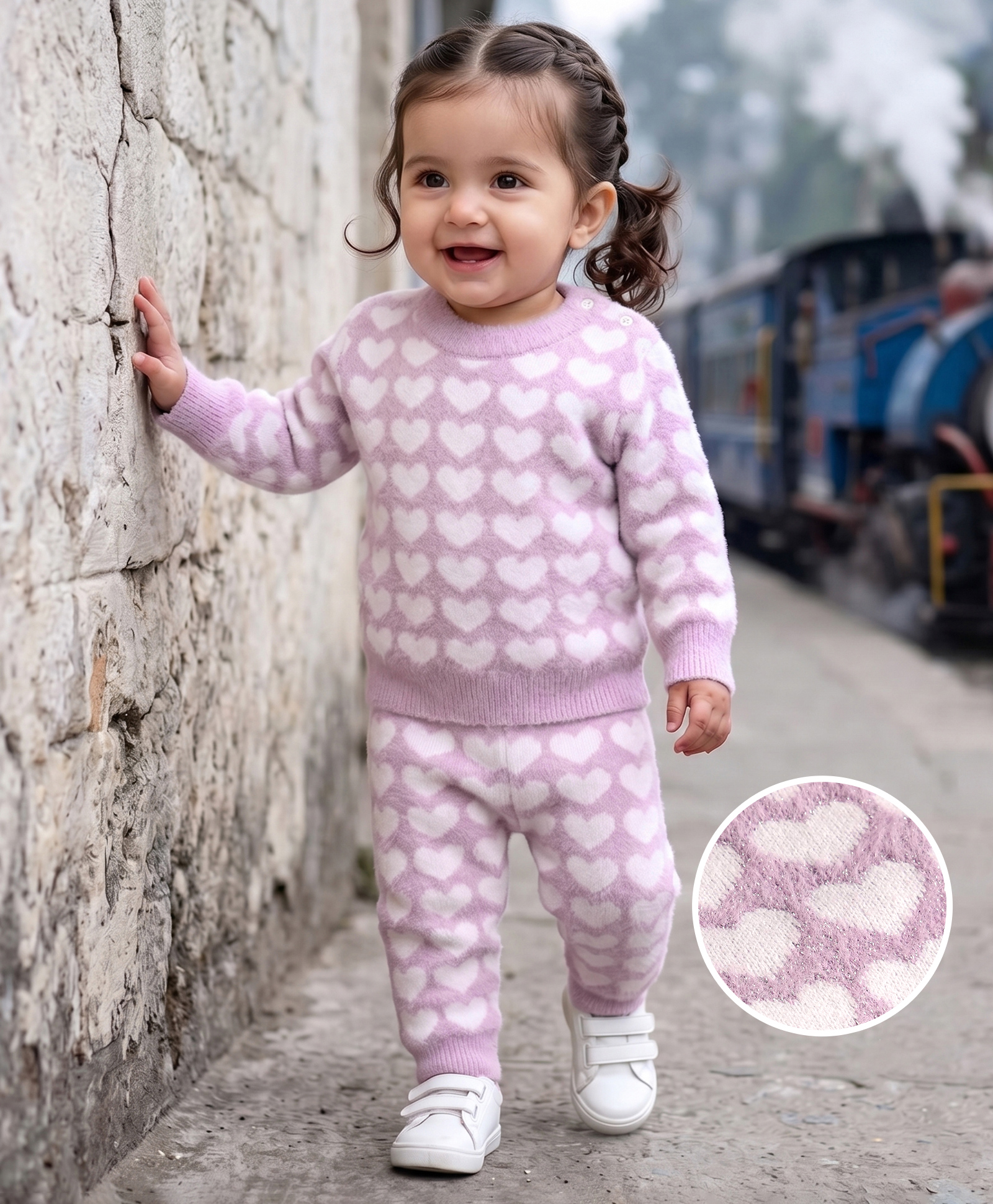 Babyhug Knit Full Sleeves Sweater Set With Hearts Design - Mauve-image-47