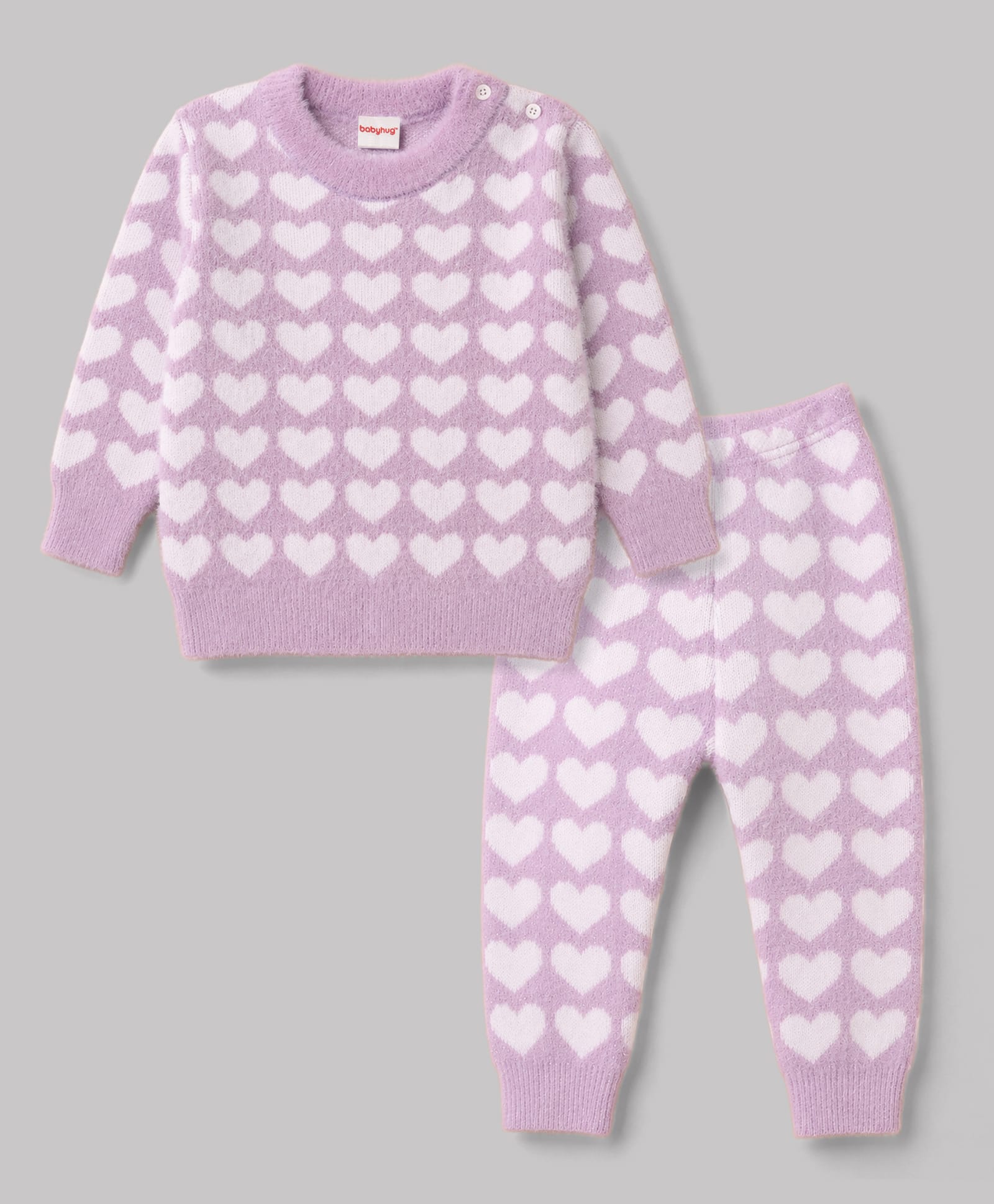 Babyhug Knit Full Sleeves Sweater Set With Hearts Design - Mauve