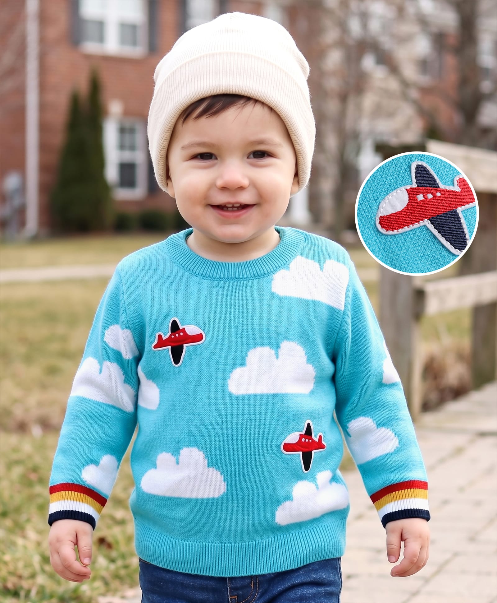 Babyhug Knit Full Sleeves Pullover with Cloud Designed & Airplane Patch - Light Blue-image-25