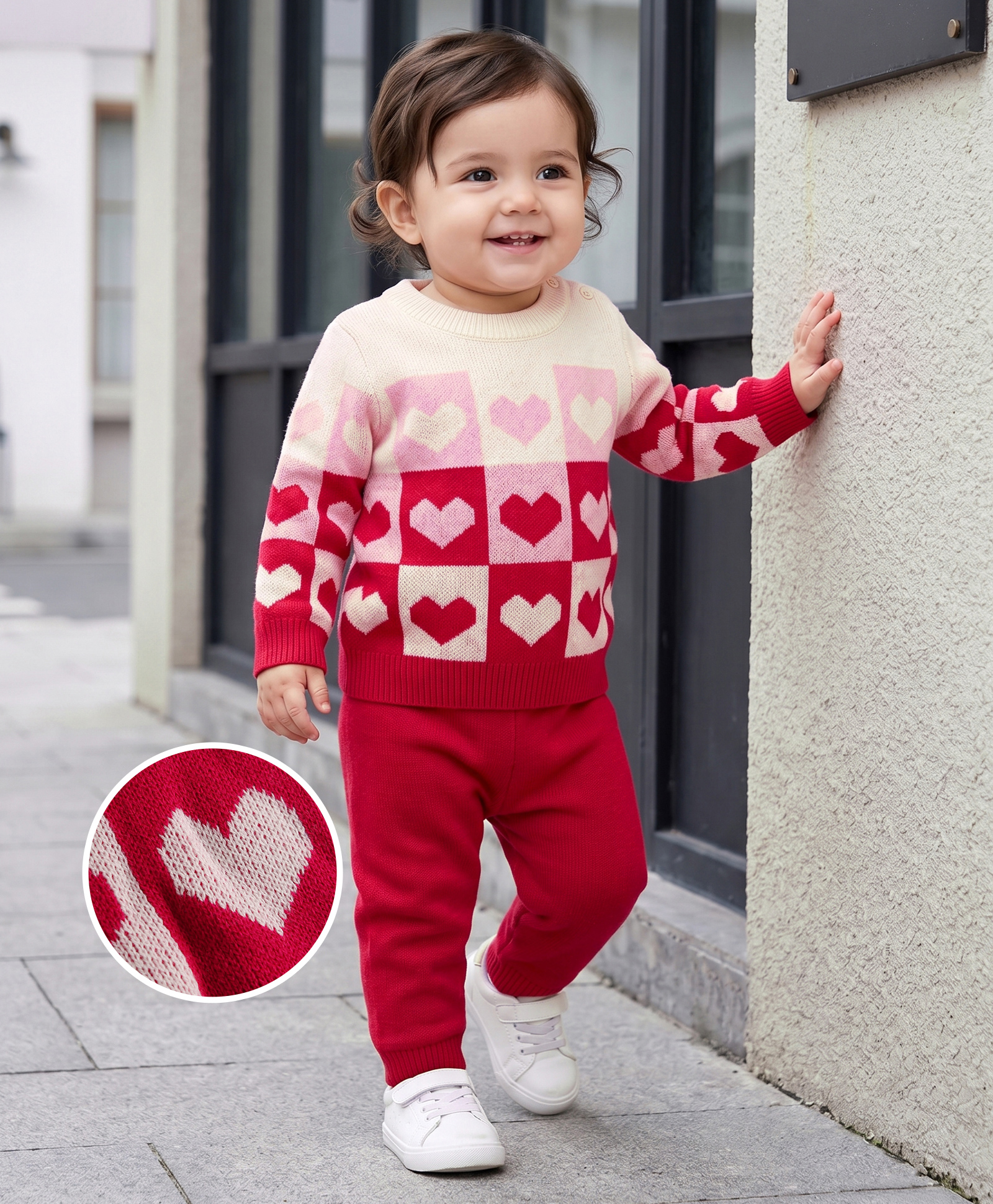Babyhug Knit Full Sleeves Heart Designed Sweater Set - Pink-image-26