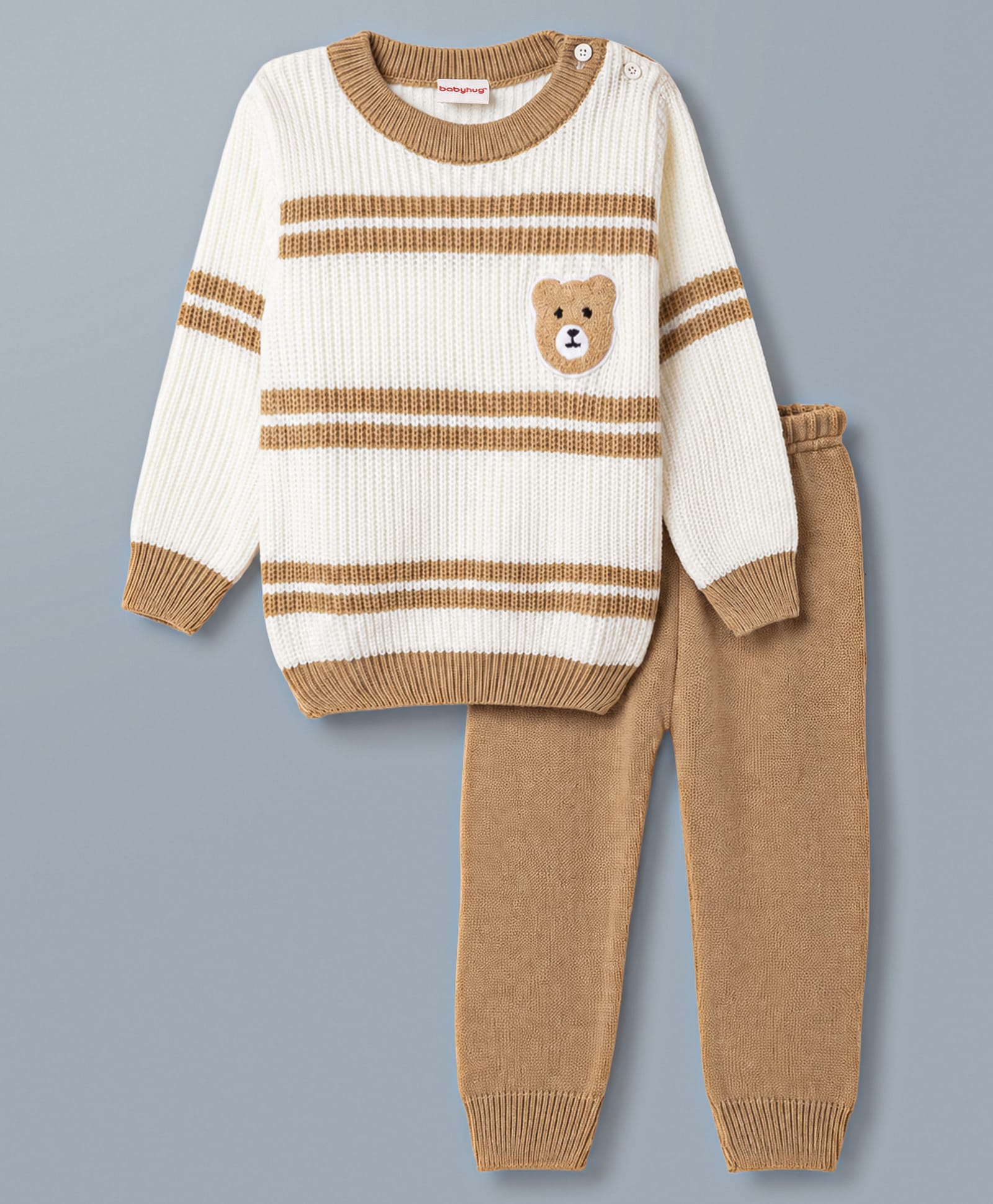 Babyhug Knit Full Sleeves Striped & Bear Designed Sweater Set - White-picture-38