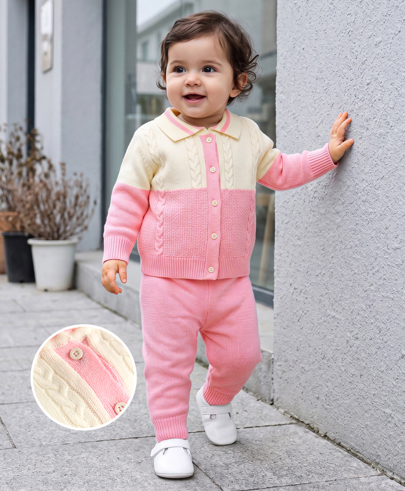 Babyhug Knit Full Sleeves Polo Collar Neck Colour Block Cable Knit Designed Sweater Set - Pink-image-40