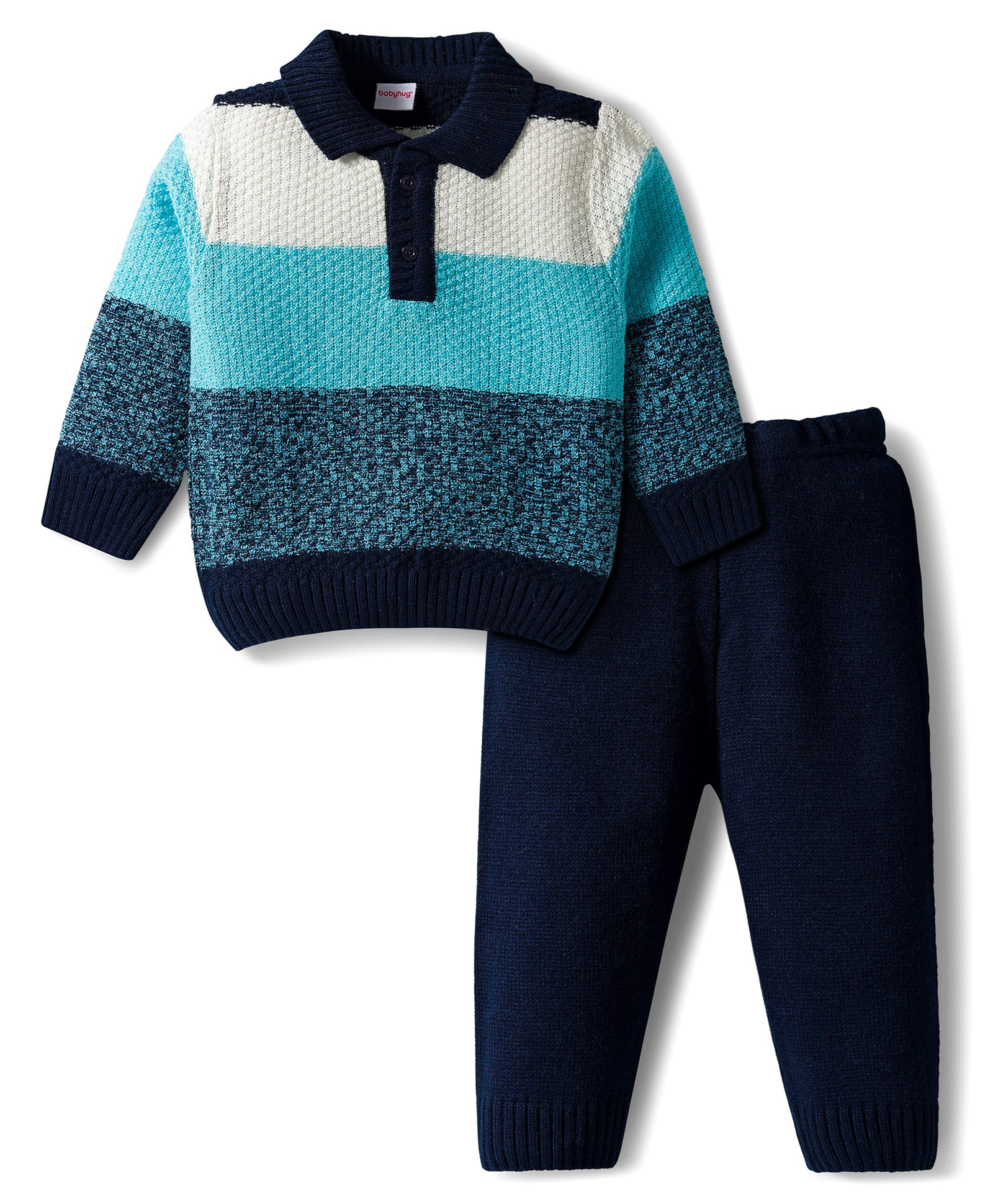 Babyhug Knit Full Sleeves Polo Collar Sweater Set with Stripes - Navy-image-39