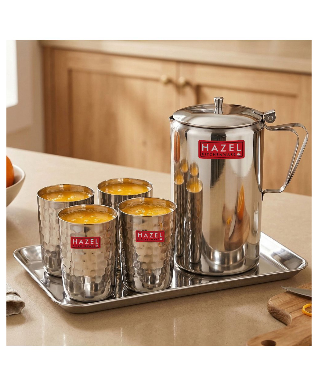 HAZEL Stainless Steel Drinkware Set of 6 | Water Jug with Lid 1800 ml, 4pc Hammered-Style Glasses 350ml & Serving Tray | Shiny Finish Tableware Combo for Home & Office Use-image-47