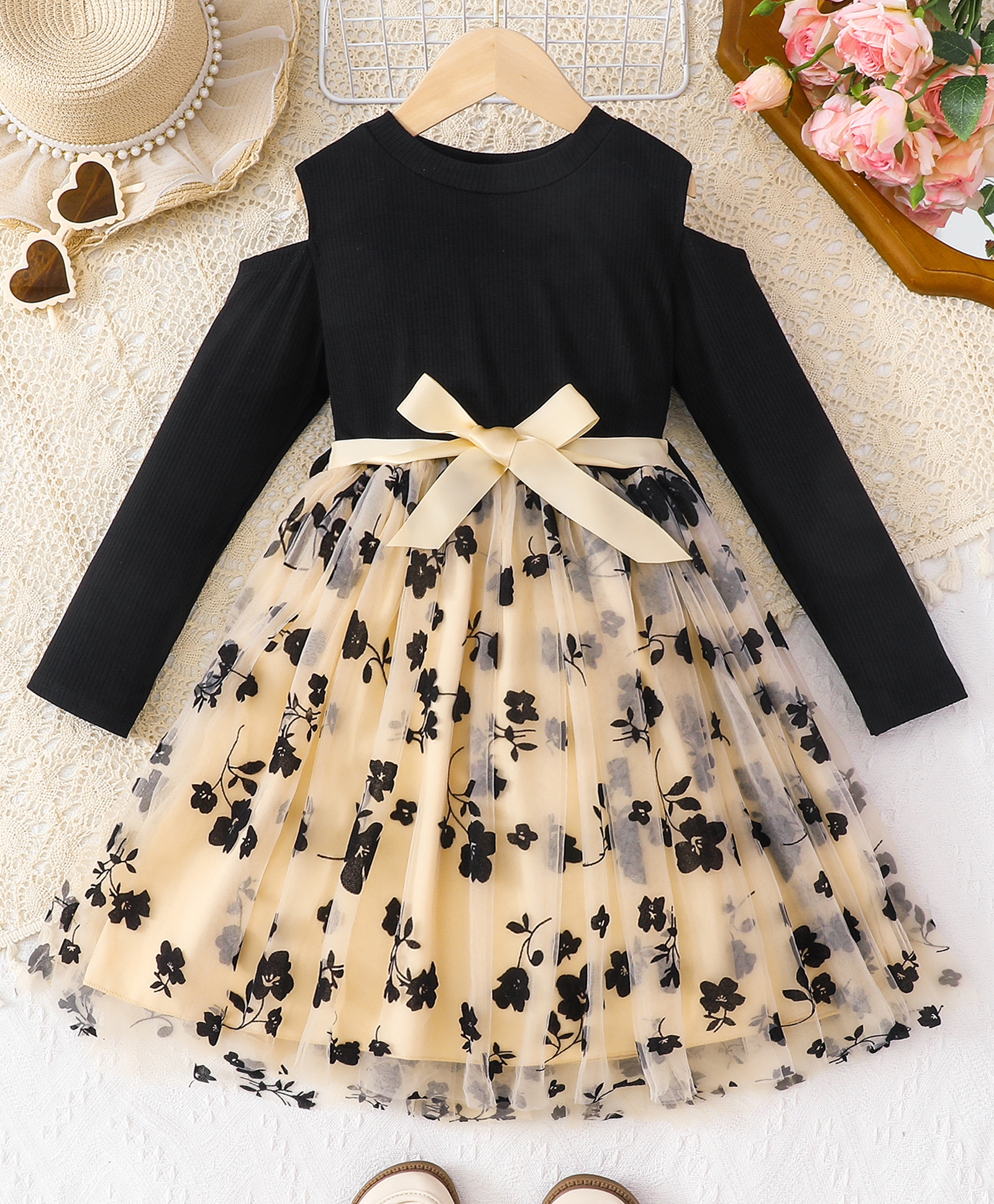 Mark & Mia Cold Shoulder Sleeves Floral Printed Party Dress With Bow Applique - Black-image-39