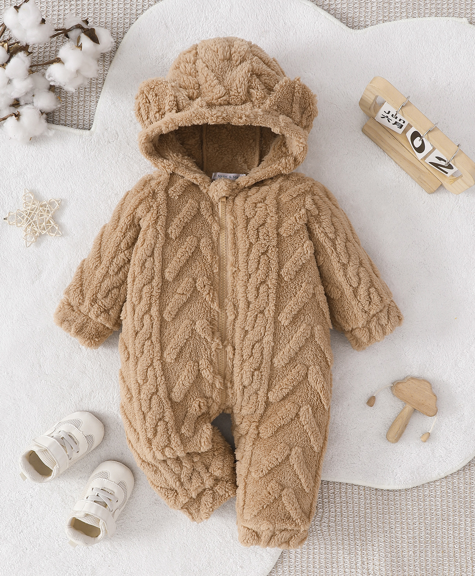 Mark & Mia Winter Wear Romper With Cable Knit Texture & Bear Ear Applique - Brown-image-19