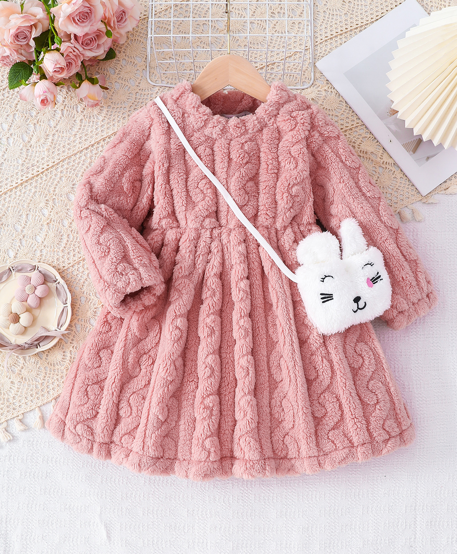 Mark & Mia Full Sleeves Solid Winter Frock With Sling Bag- Pink-image-17