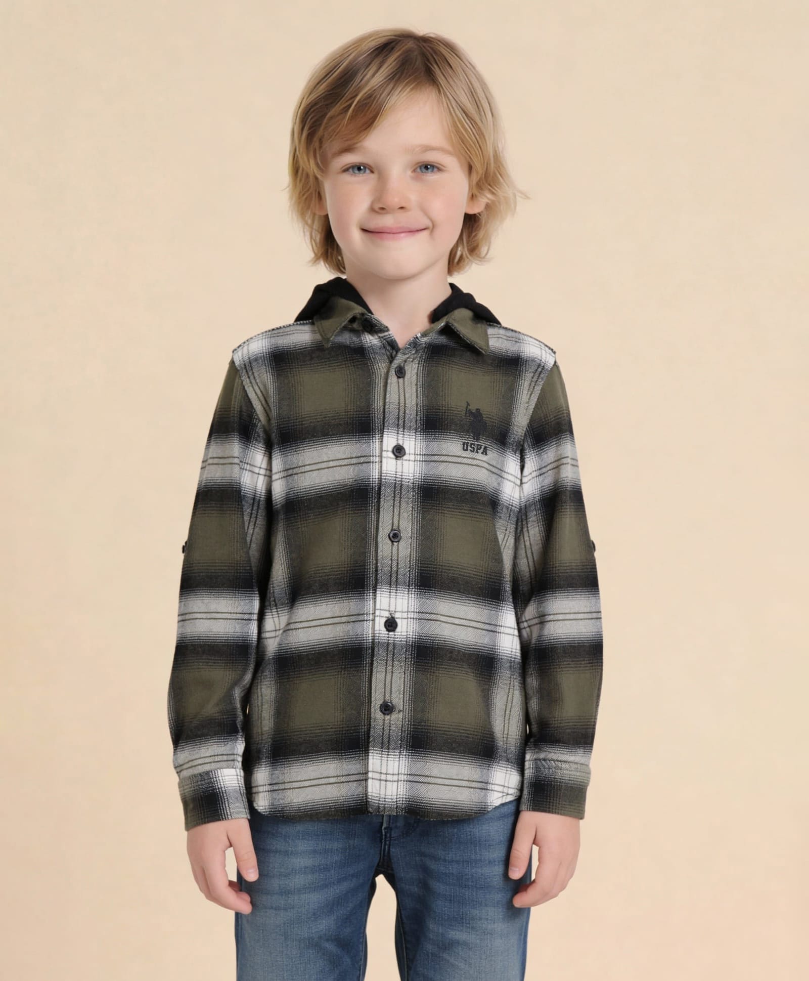 U.S. Polo Assn. Kids Cotton Woven Full Sleeves Hooded Checked Shirt - Olive-picture-37