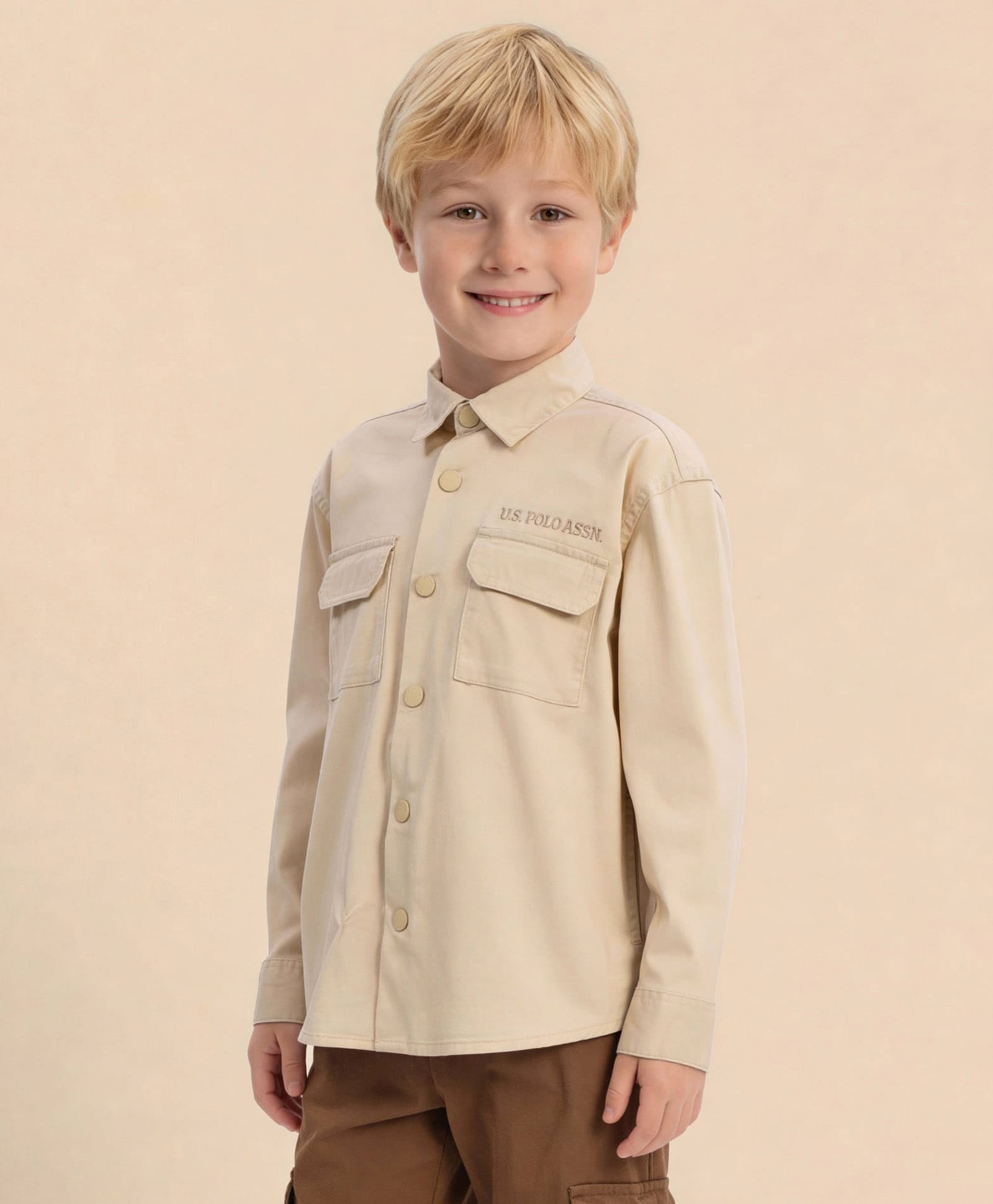 U.S. Polo Assn. Kids Cotton Woven Full Sleeves Brand Name Embroidered Shirt - Beige-image-22