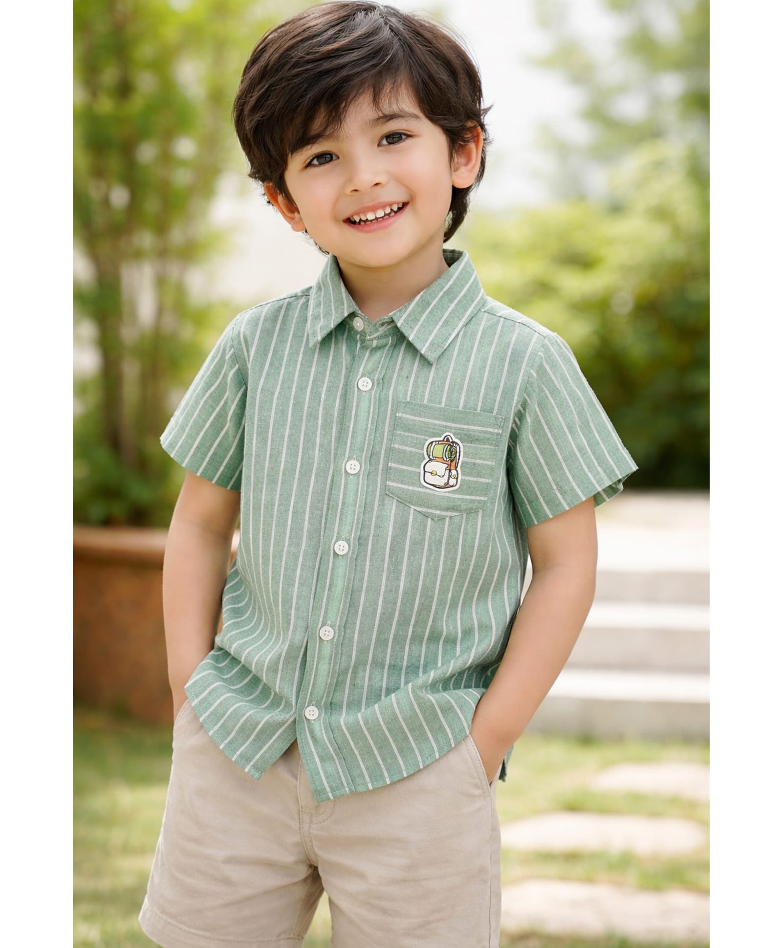 Aww Hunnie Cotton Woven Half Sleeves Striped Shirt - Green-picture-16