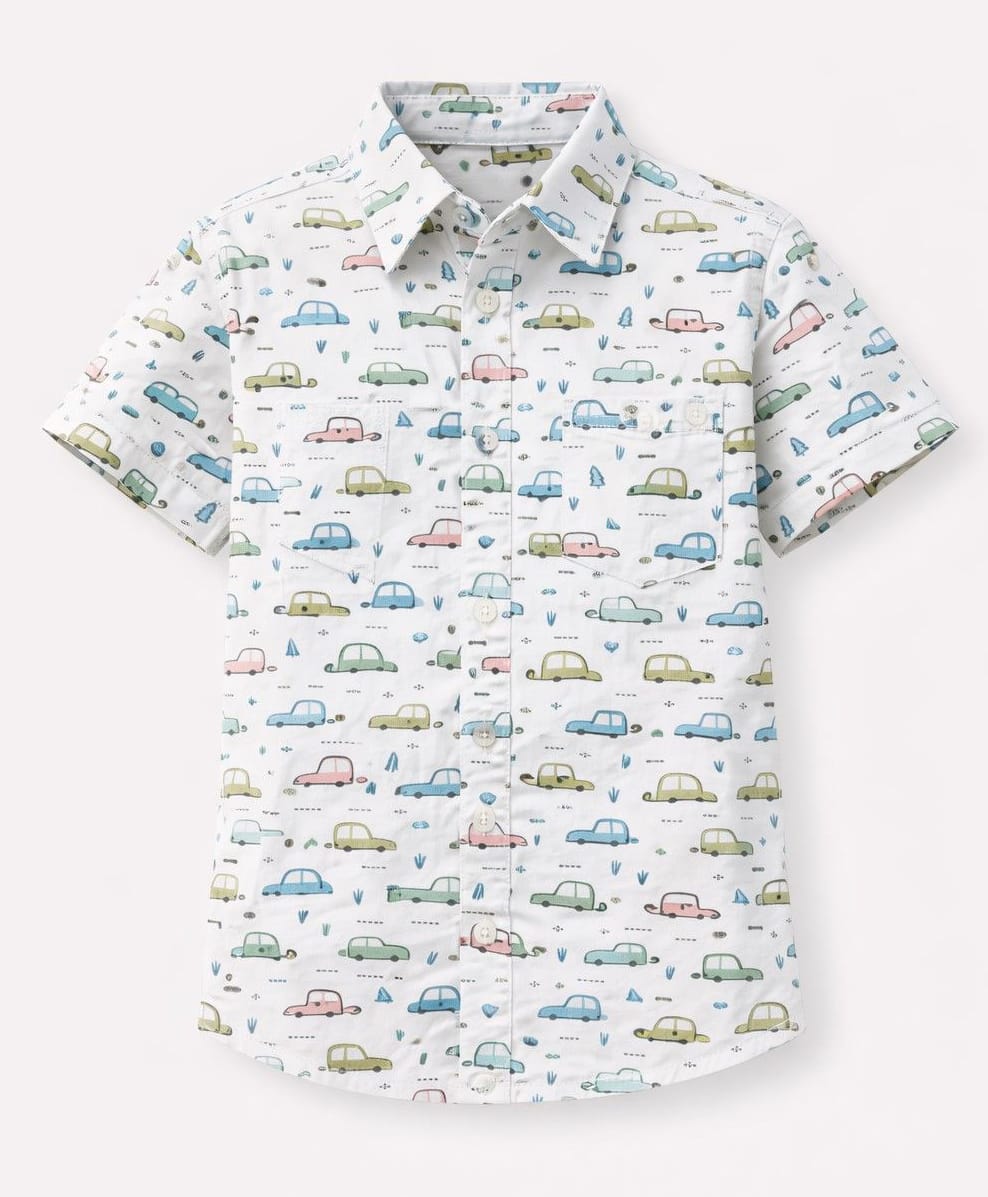 Aww Hunnie Cotton Woven Half Sleeves Cars Printed Shirt - White-picture-9