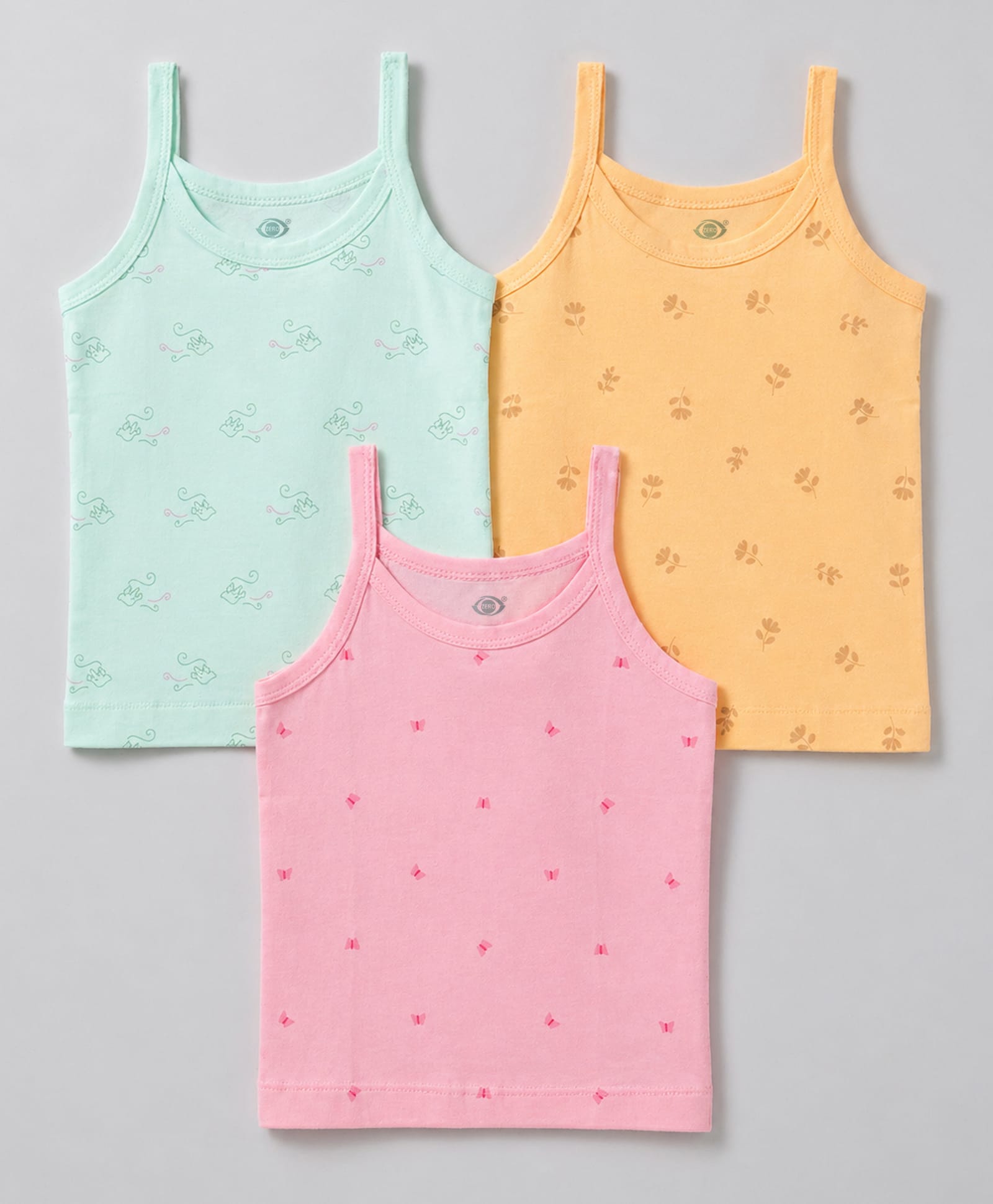 Zero Sinker Knit Sleeveless Slips With Floral & Butterfly Print Pack of 3 - Pink Sea Green & Orange-image-35