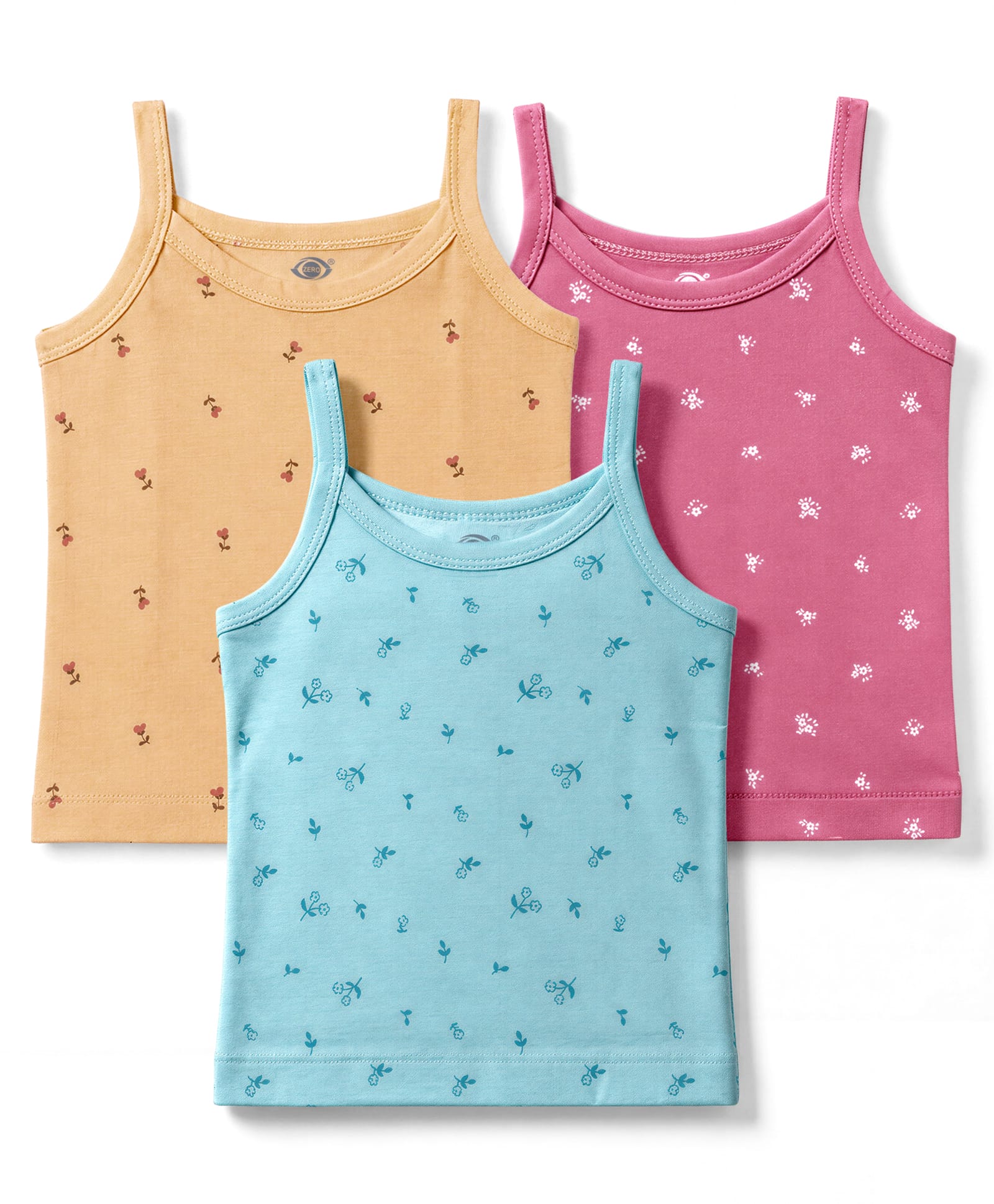 Zero Sinker Knit Sleeveless Slips With Floral Print Pack of 3 - Pink Orange & Aqua Blue-picture-45