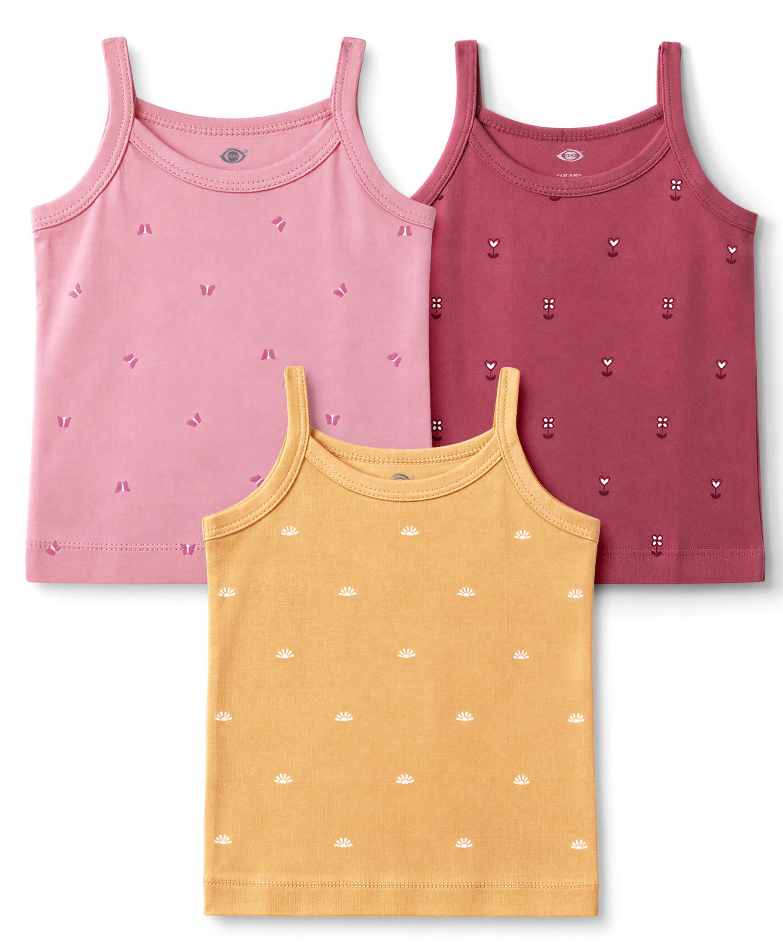 Zero Sinker Knit Sleeveless Slips With Floral & Butterfly Print Pack of 3 - Dark Pink Orange & Pink-picture-25