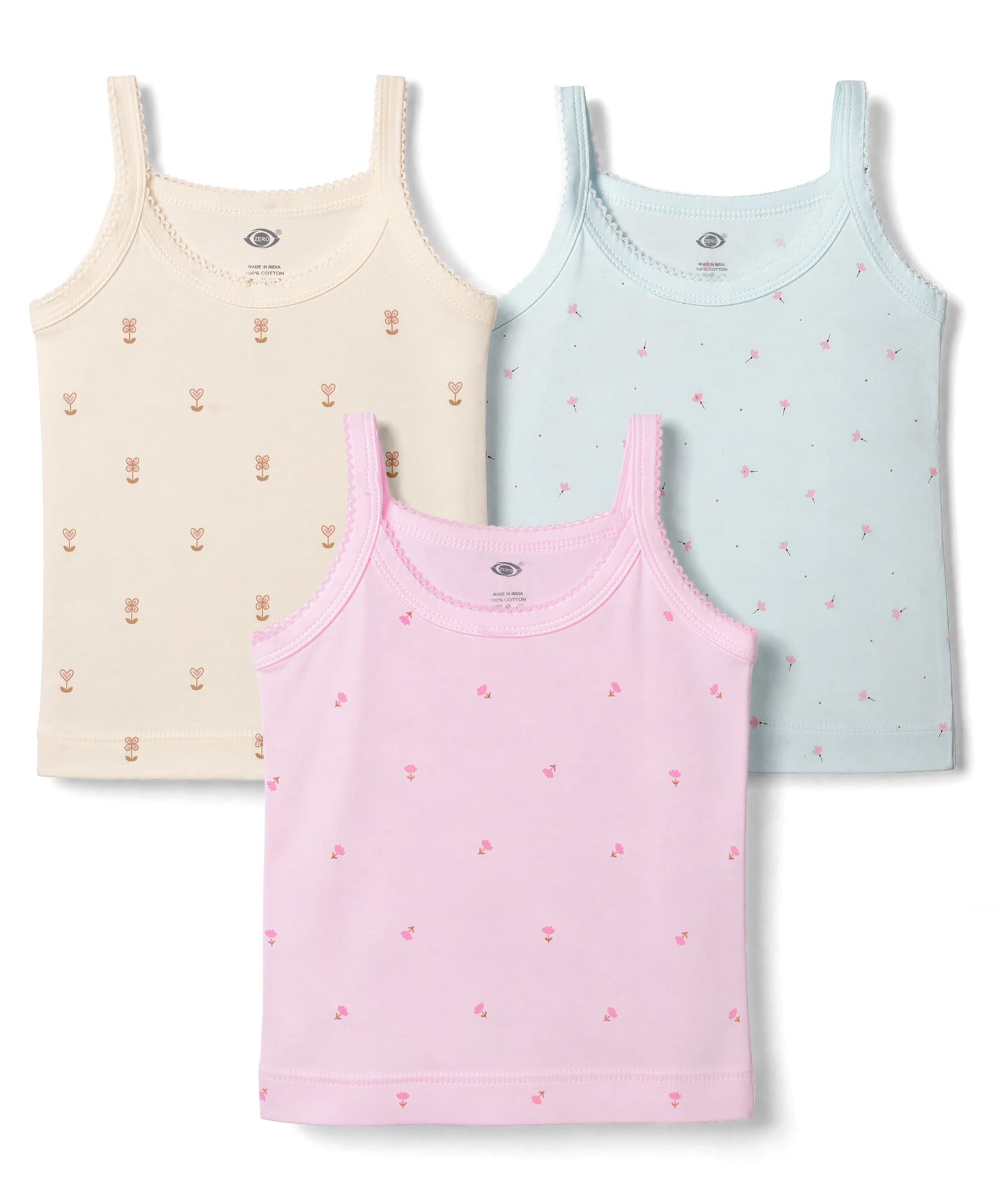 Zero Sinker Knit Sleeveless Slips With Floral Print Pack of 3 - Aqua Blue Cream & Light Pink-picture-30