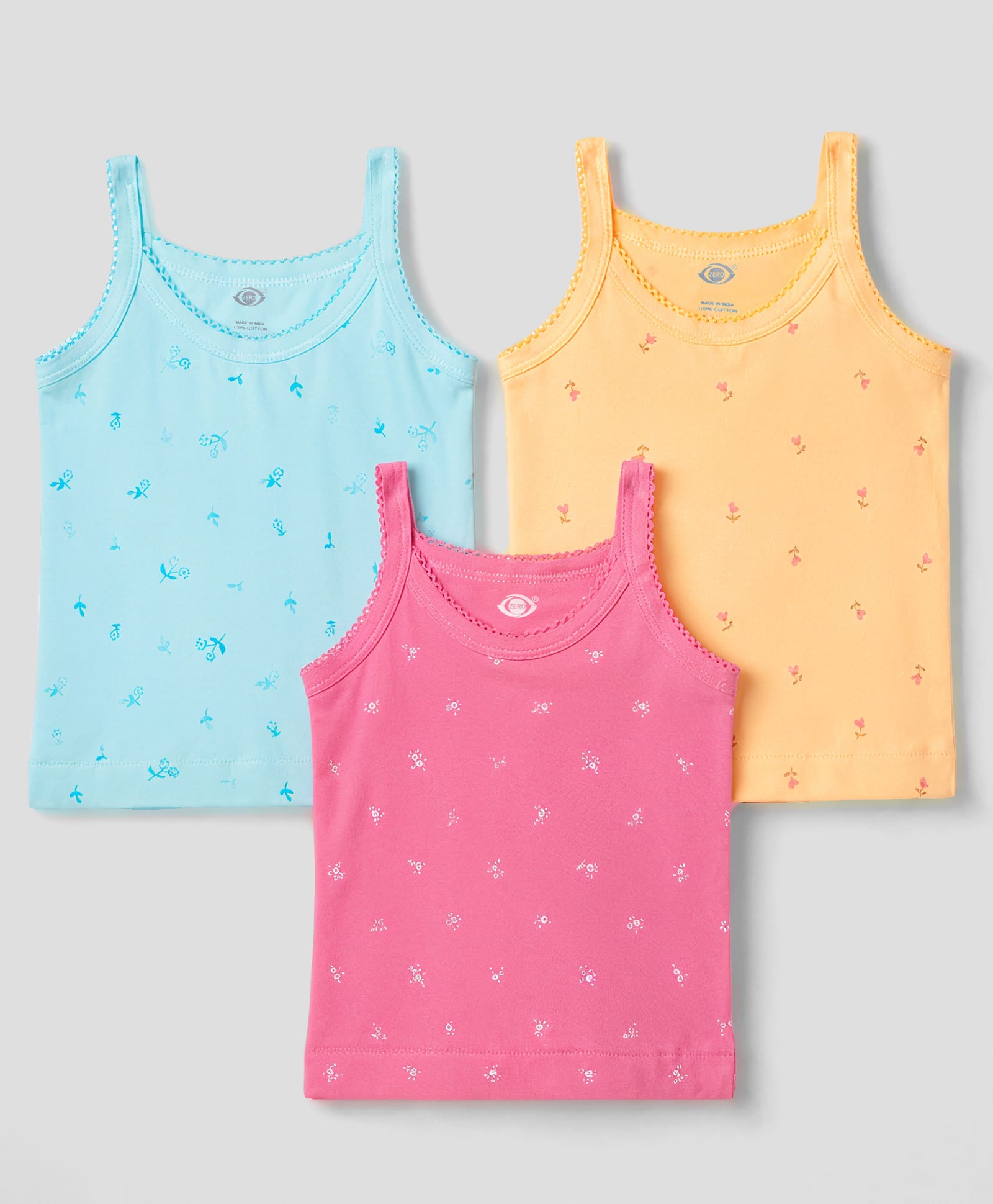Zero Sinker Knit Sleeveless Slips With Floral Print Pack of 3 - Dark Pink Orange & Aqua Blue-picture-16