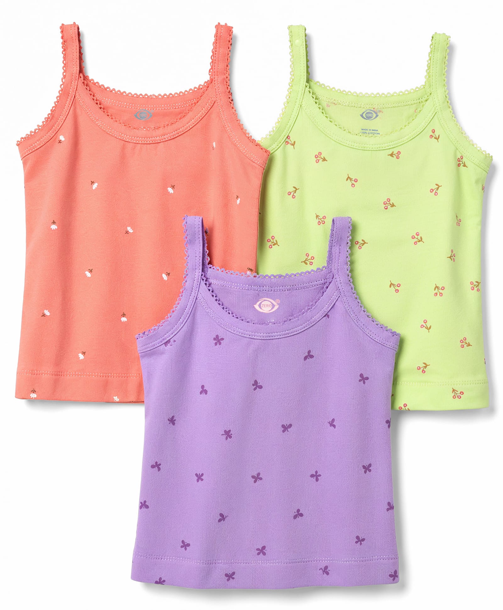 Zero Sinker Knit Sleeveless Slips With Floral & Butterfly Print Pack of 3 - Limegreen Peach & Lilac-picture-27