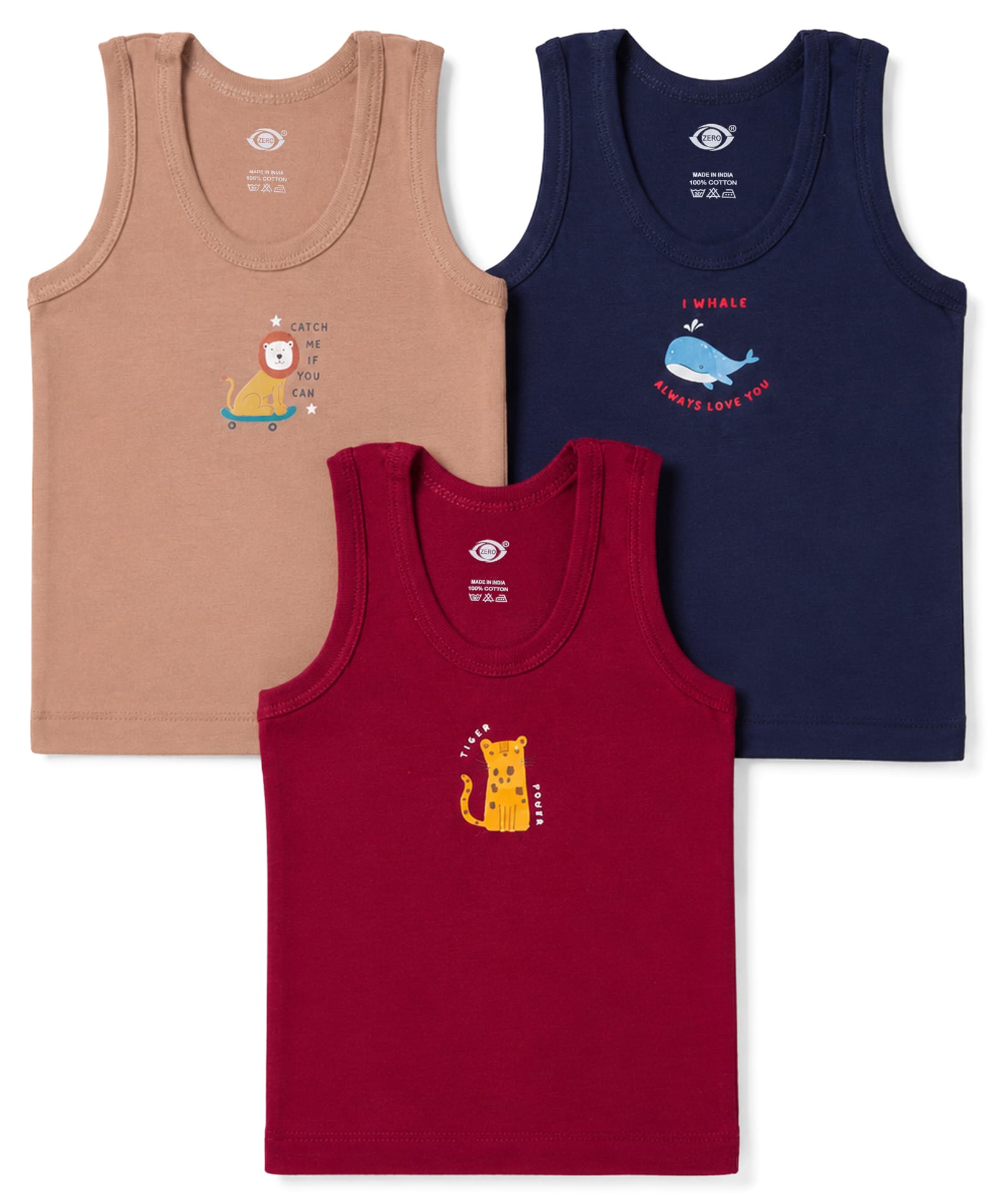 Zero Sinker Knit Sleeveless Vests With Animal Print Pack of 3 - Multicolor-image-23