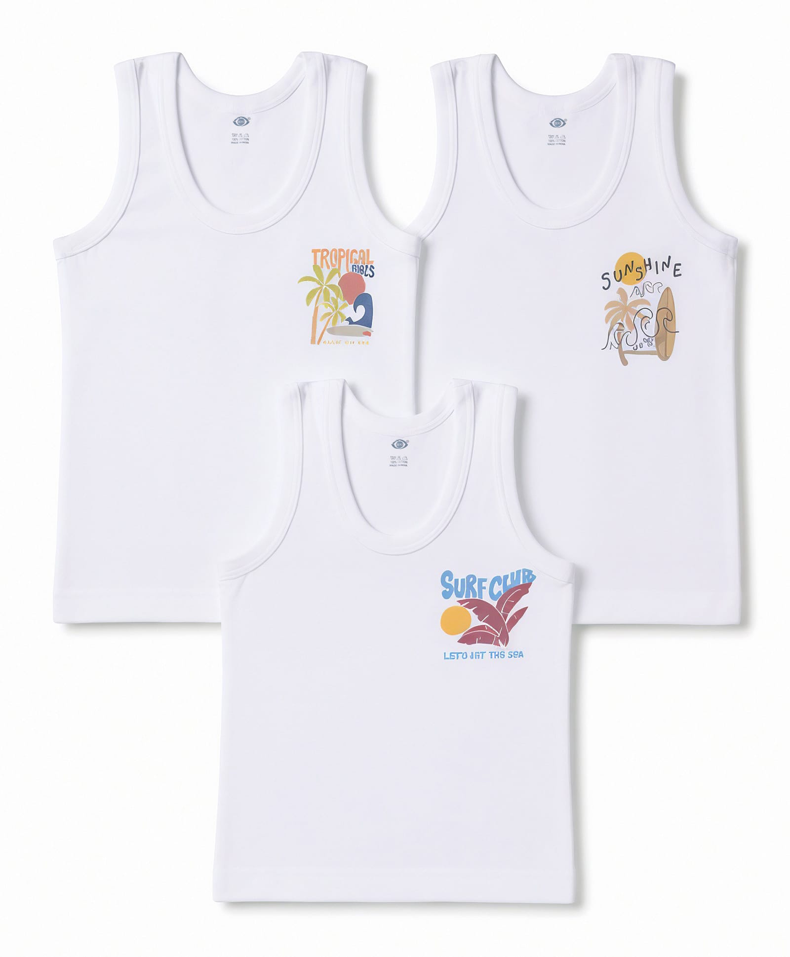 Zero Sinker Knit Sleeveless Vests With Tropical Print Pack of 3 - White-picture-18