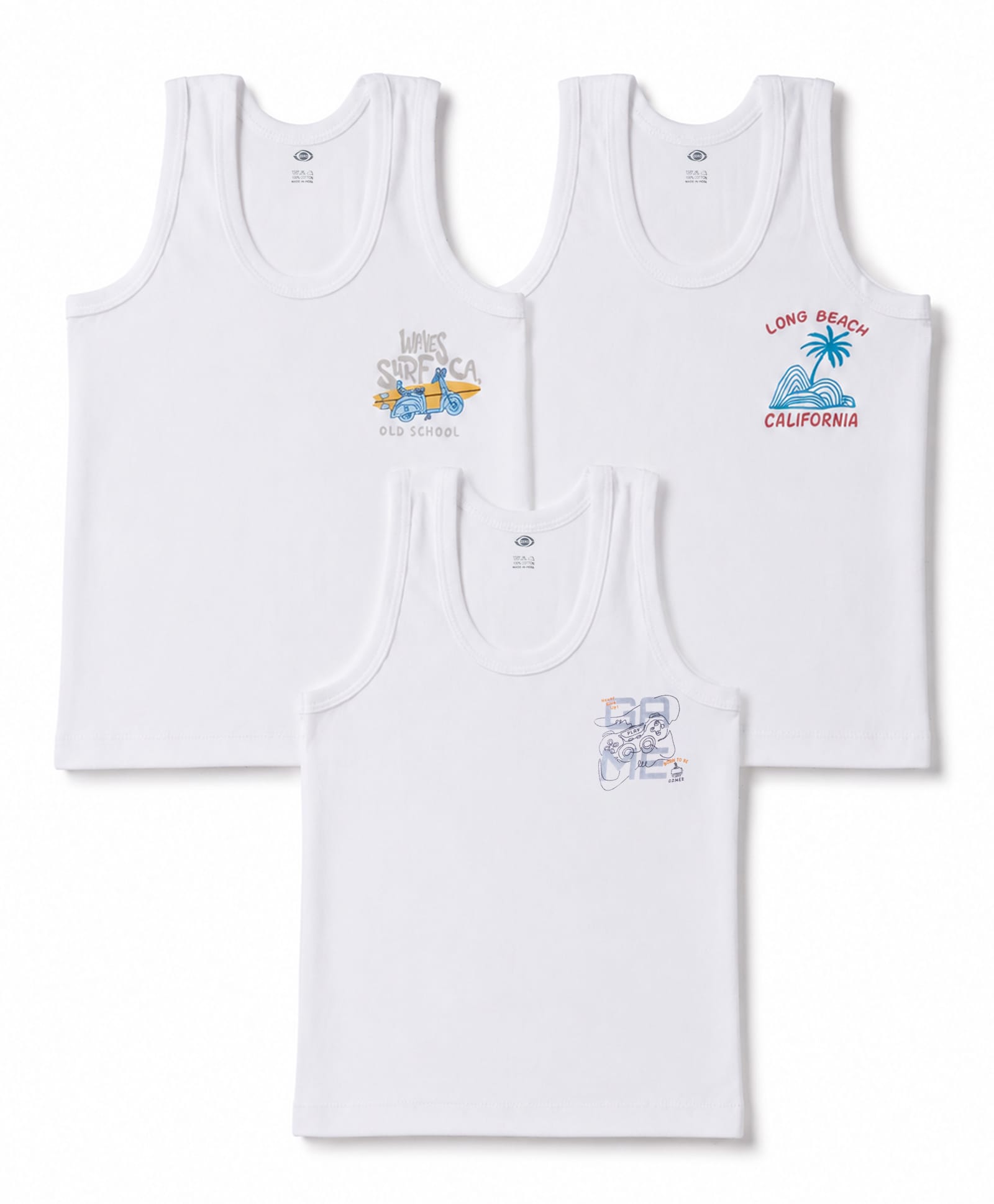 Zero Sinker Knit Sleeveless Vests With Tropical Print Pack of 3 - White-picture-31