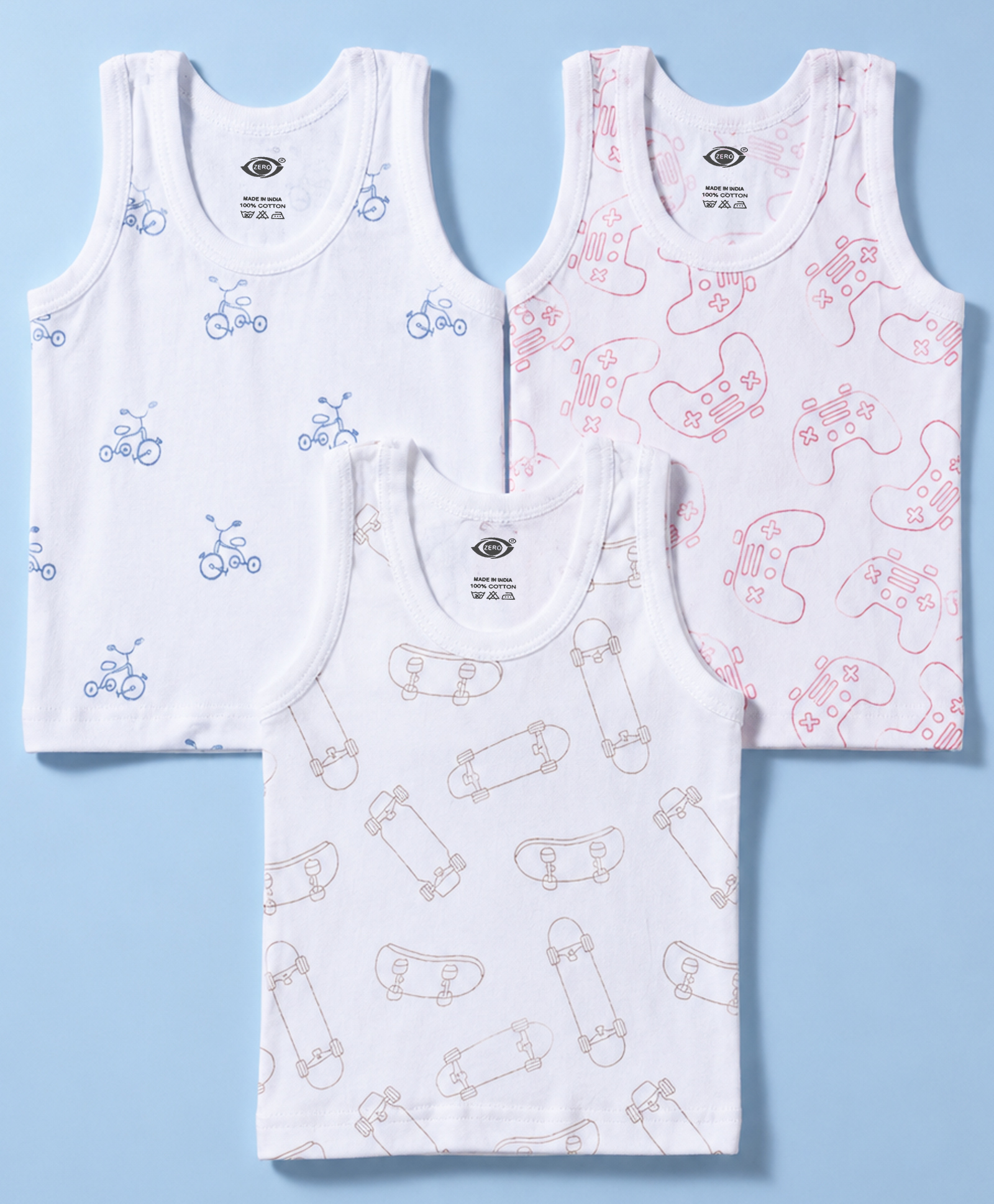 Zero Knitted Sleeveless Vests With Controller Cycle & Skateboard Print Pack of 3 - White-image-28