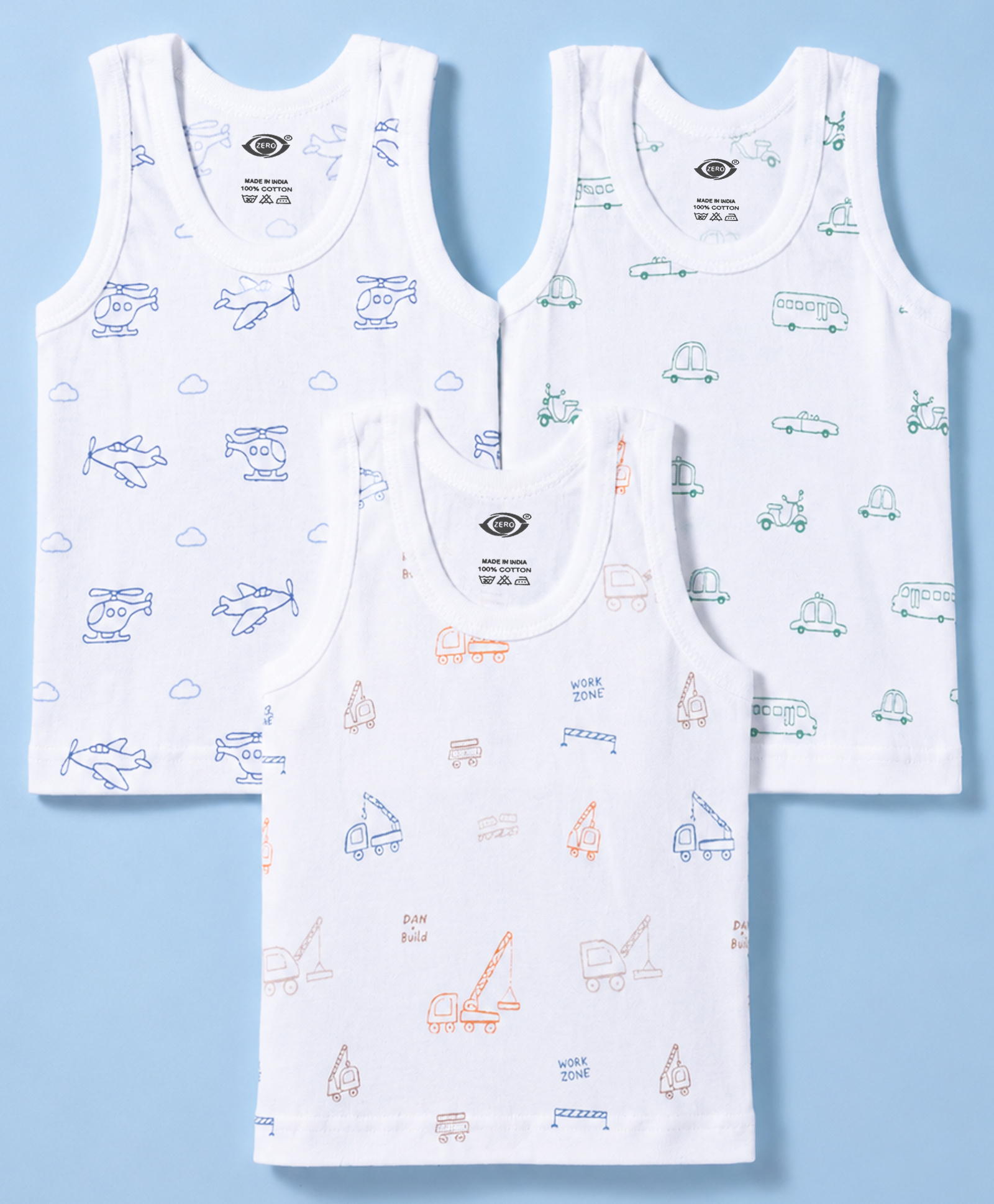 Zero Knitted Sleeveless Vests With Vehicle Print Pack of 3 - White-image-11