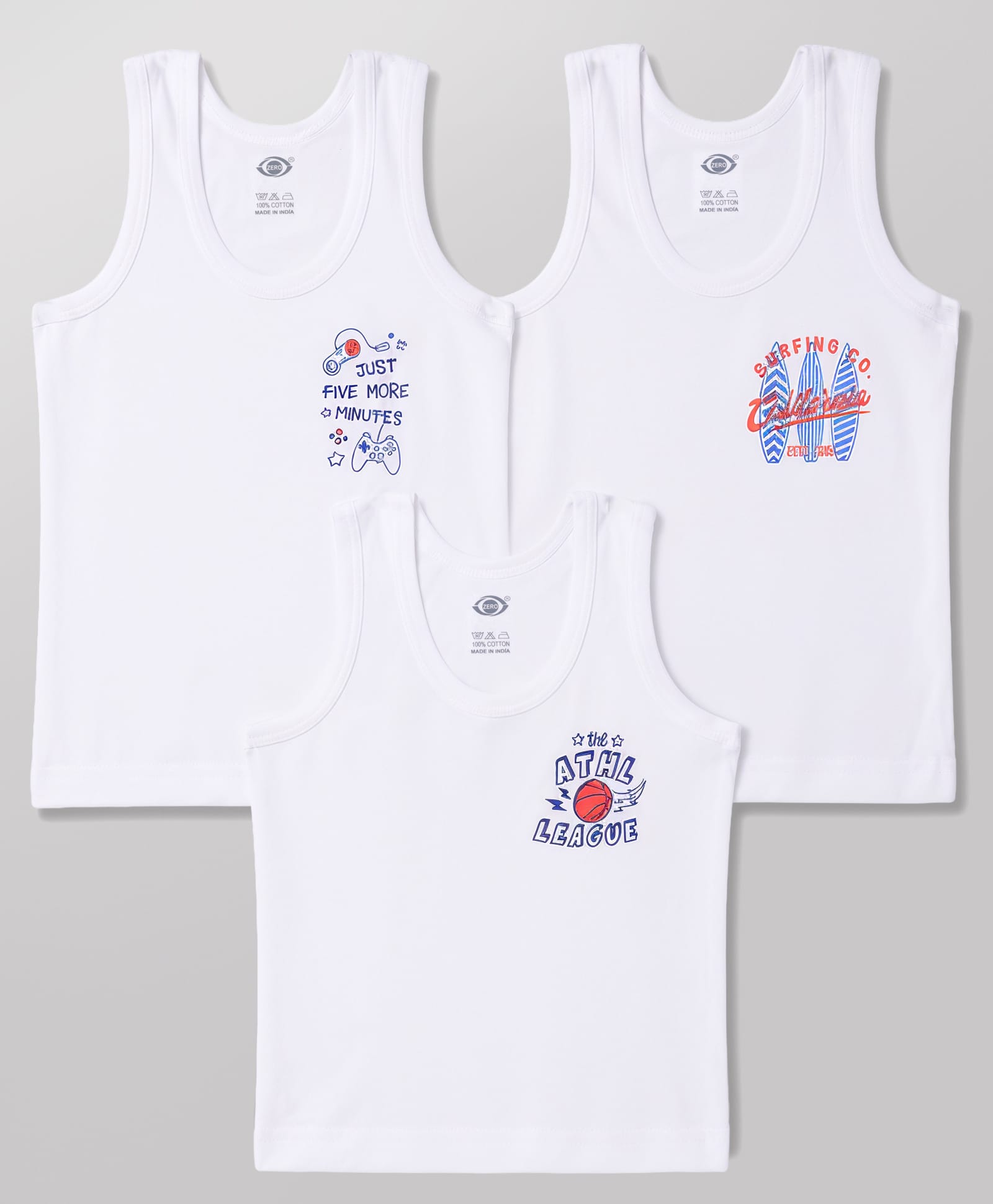 Zero Knitted Sleeveless Vests With Sports Print Pack of 3 - White-image-23