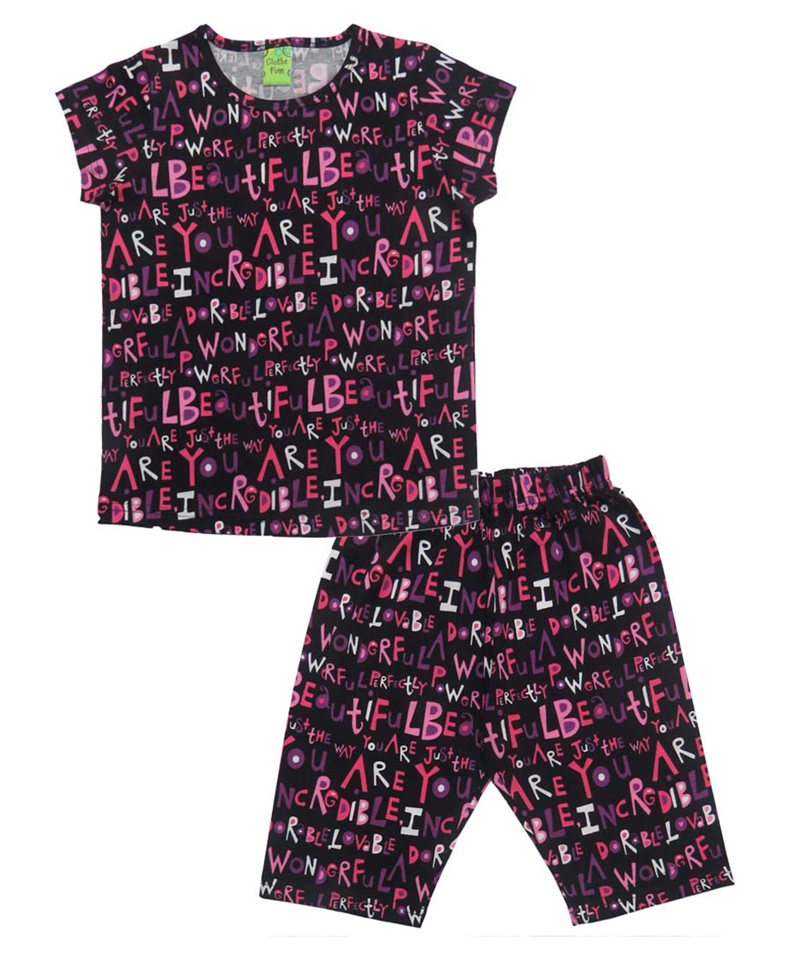 Clothe Funn Cotton Knit Half Sleeves Alphabets Printed Tee & Shorts Night Suit - Black-picture-34