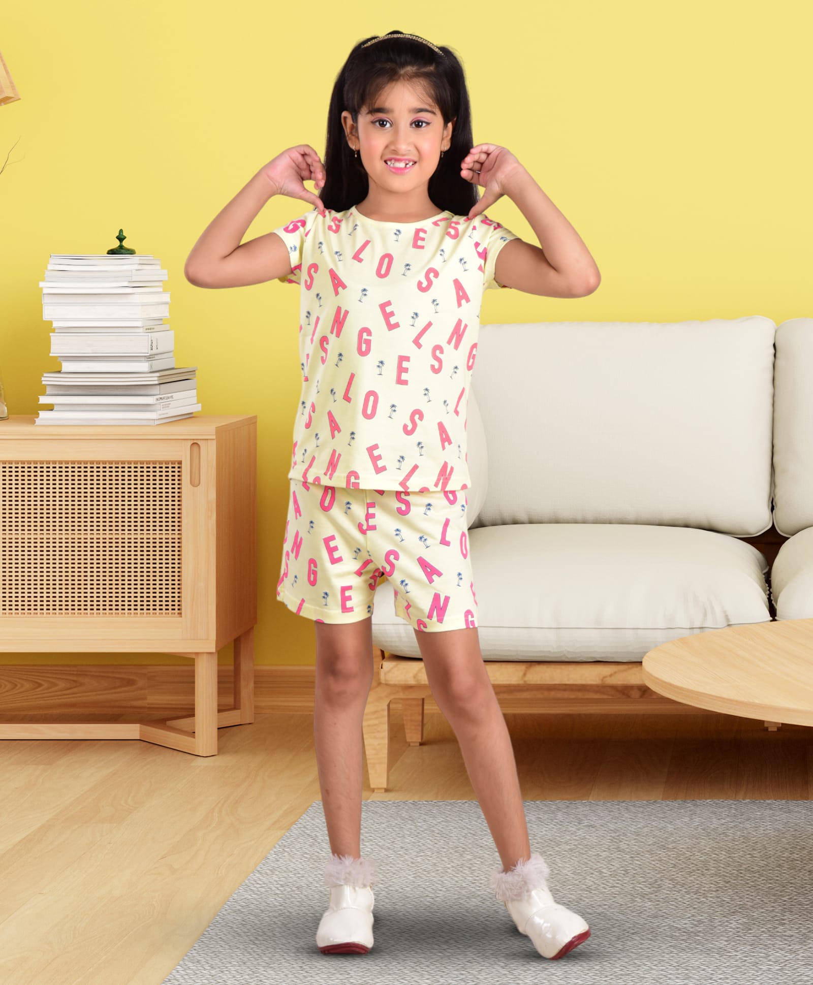 Clothe Funn Cotton Knit Half Sleeves Alphabets Printed Tee & Shorts Night Suit - Lemon-picture-15