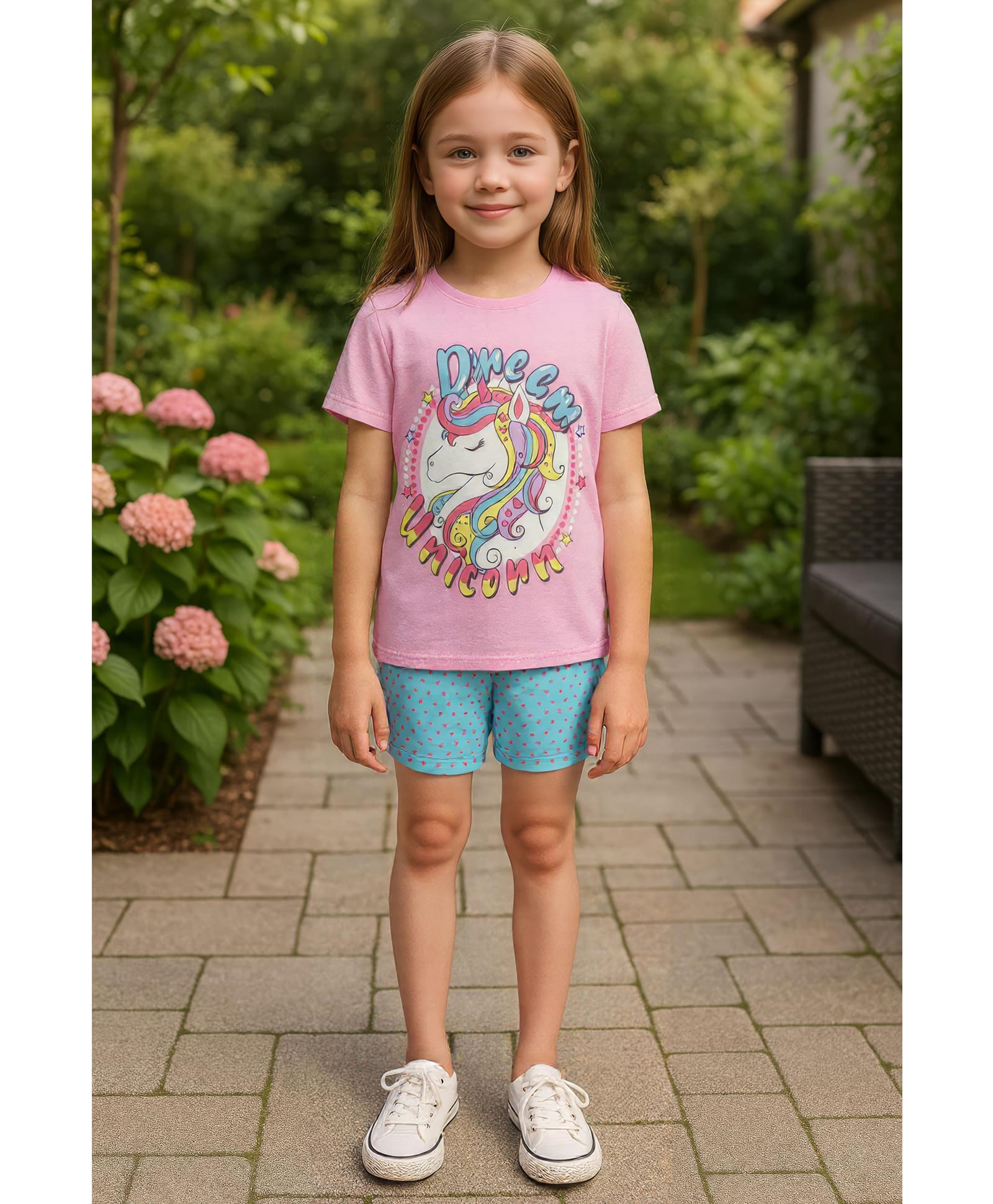 Clothe Funn Cotton Knit Half Sleeves Unicorn Printed Tee & Shorts Night Suit - Pink & Blue-image-3