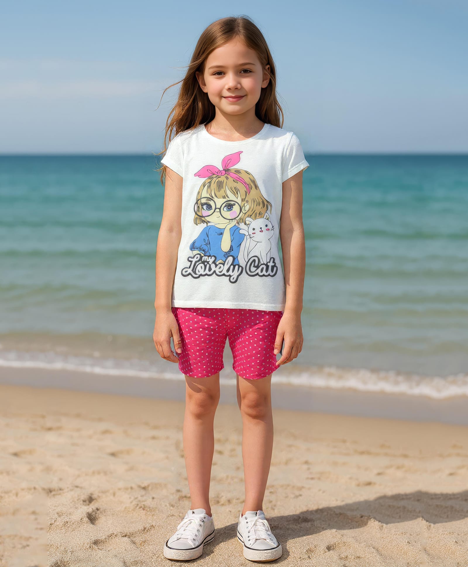 Clothe Funn Cotton Knit Half Sleeves Girl & Cat Printed Tee & Shorts Night Suit - Off White & Pink-picture-32