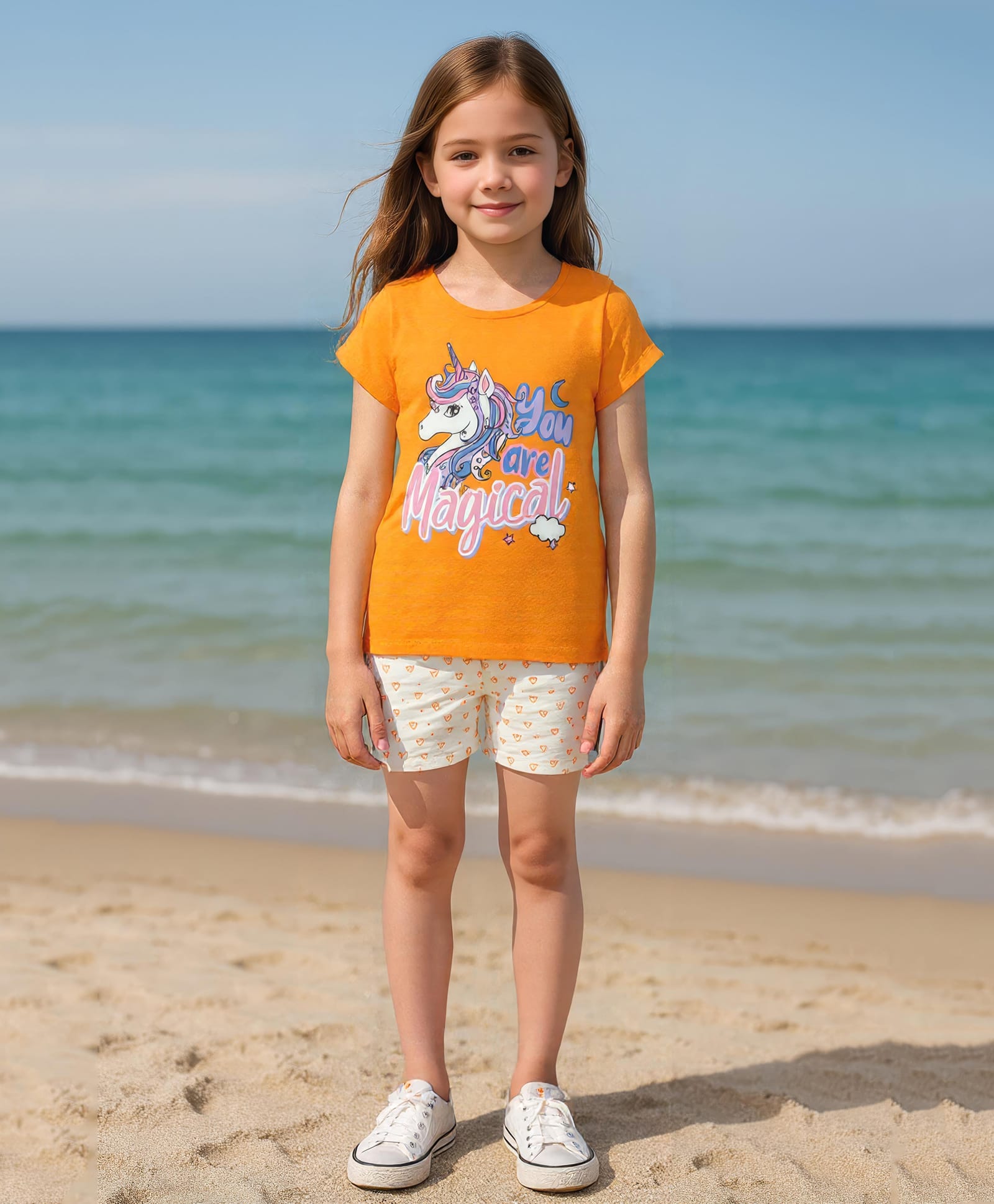 Clothe Funn Cotton Knit Half Sleeves Unicorn Printed Tee & Shorts Night Suit - Orange & Off White-image-12