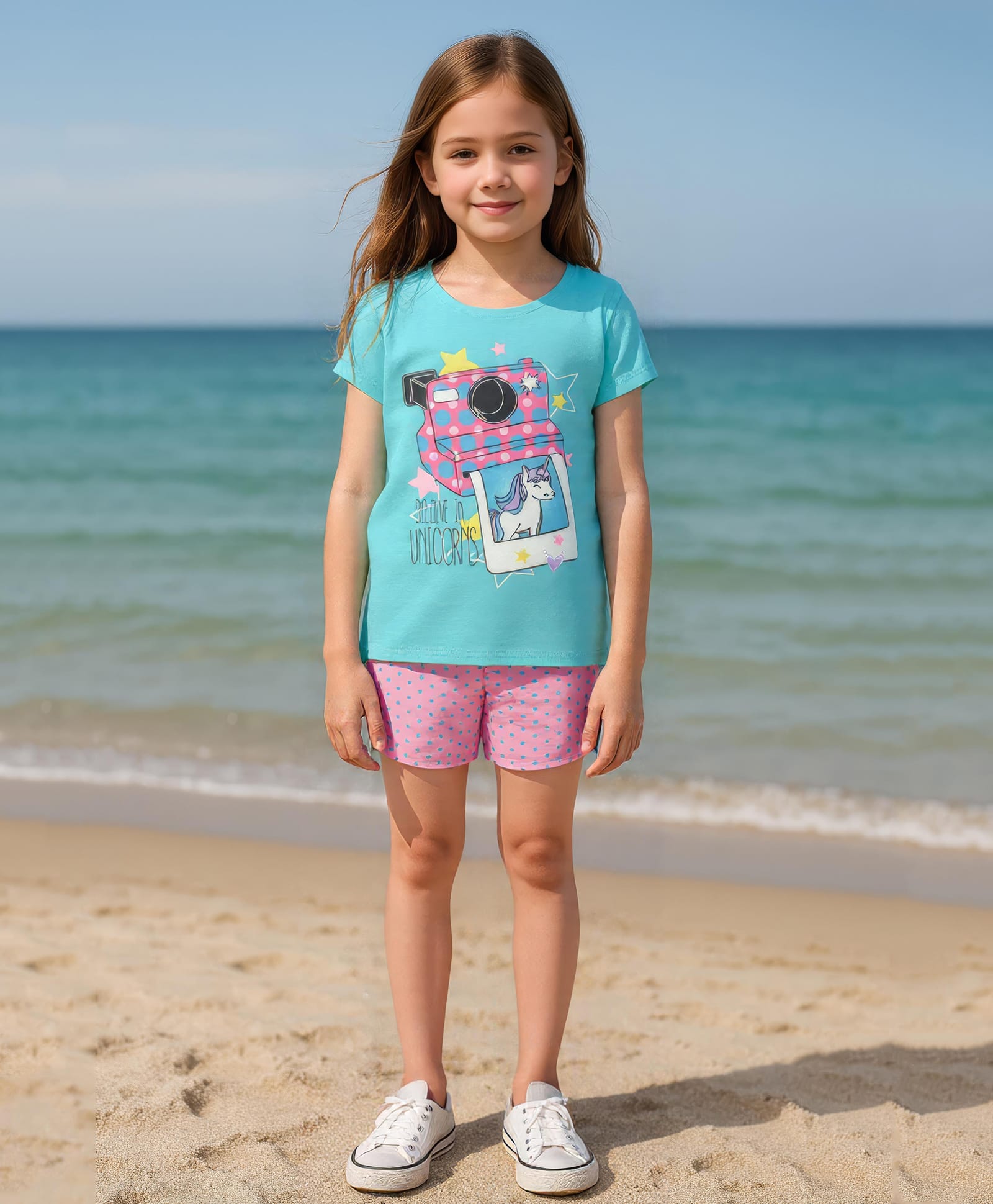 Clothe Funn Cotton Knit Half Sleeves Unicorn Printed Tee & Shorts Night Suit - Blue & Pink-picture-11