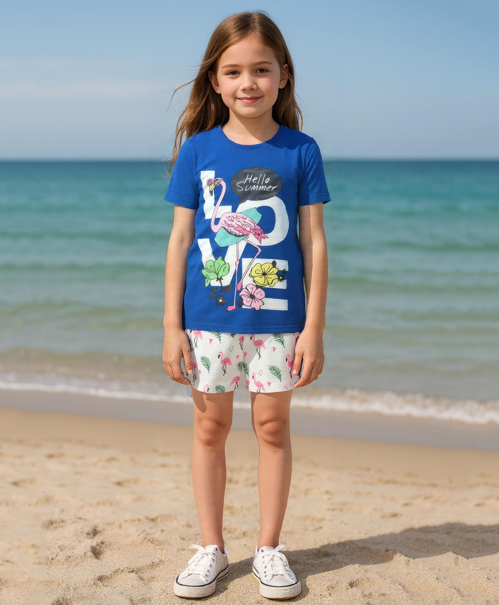 Clothe Funn Cotton Knit Half Sleeves Flamingo Printed Tee & Shorts Night Suit - Royal & White-picture-25