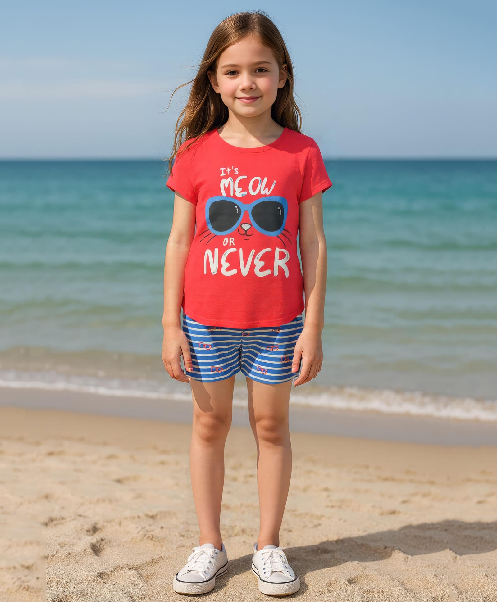 Clothe Funn Cotton Knit Half Sleeves Sunglasses Printed Tee & Shorts Night Suit - Coral & Sky-image-34