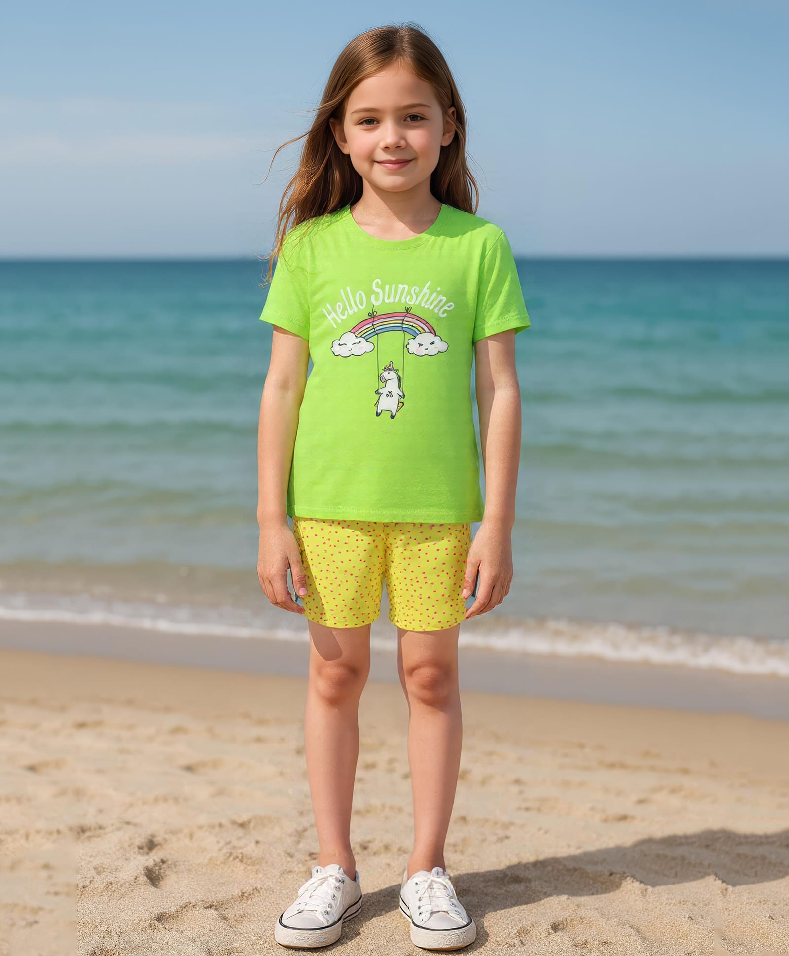 Clothe Funn Cotton Knit Half Sleeves Unicorn & Rainbow Printed Tee & Shorts Night Suit - Green & Yellow-picture-38
