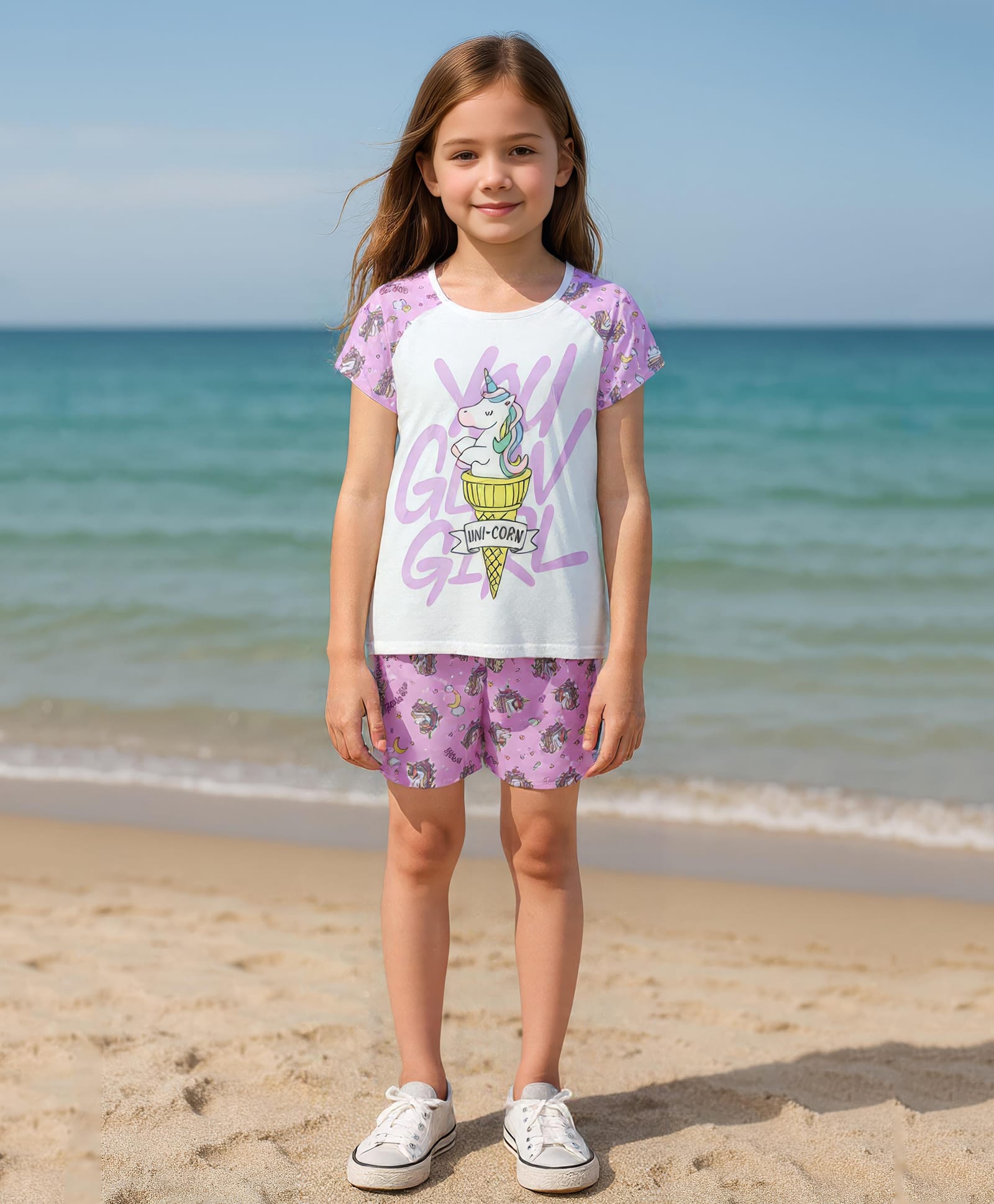 Clothe Funn Cotton Knit Half Sleeves Unicorn Tee & Shorts Night Suit - White & Purple-image-23