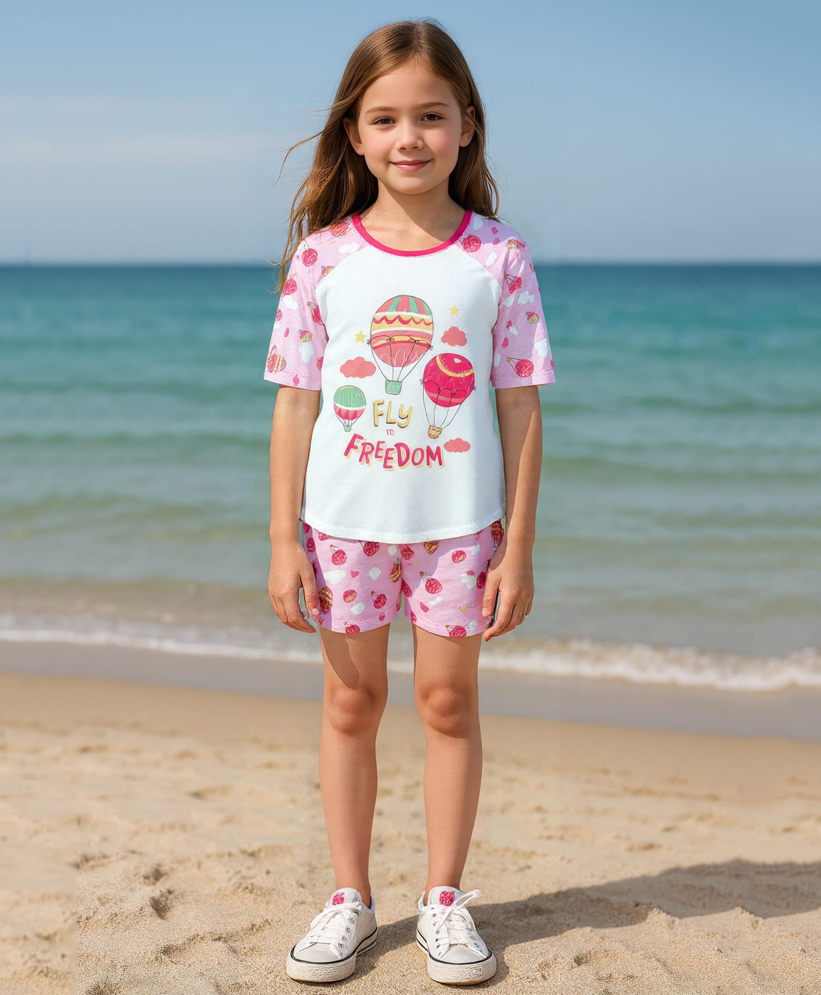Clothe Funn Cotton Knit Half Sleeves Hot Air Balloons Printed Tee & Shorts Night Suit - White & Pink-picture-21