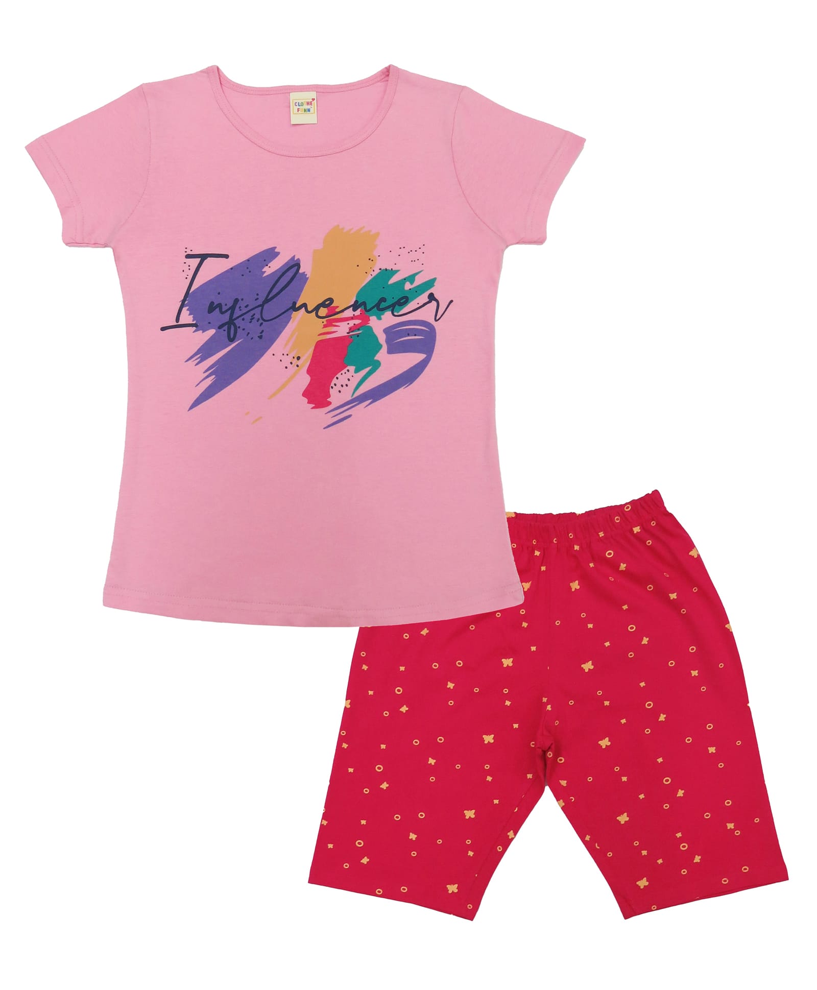 Clothe Funn Cotton Knit Half Sleeves Influencer Text Printed Tee & Shorts Night Suit - Pink & Red-picture-30