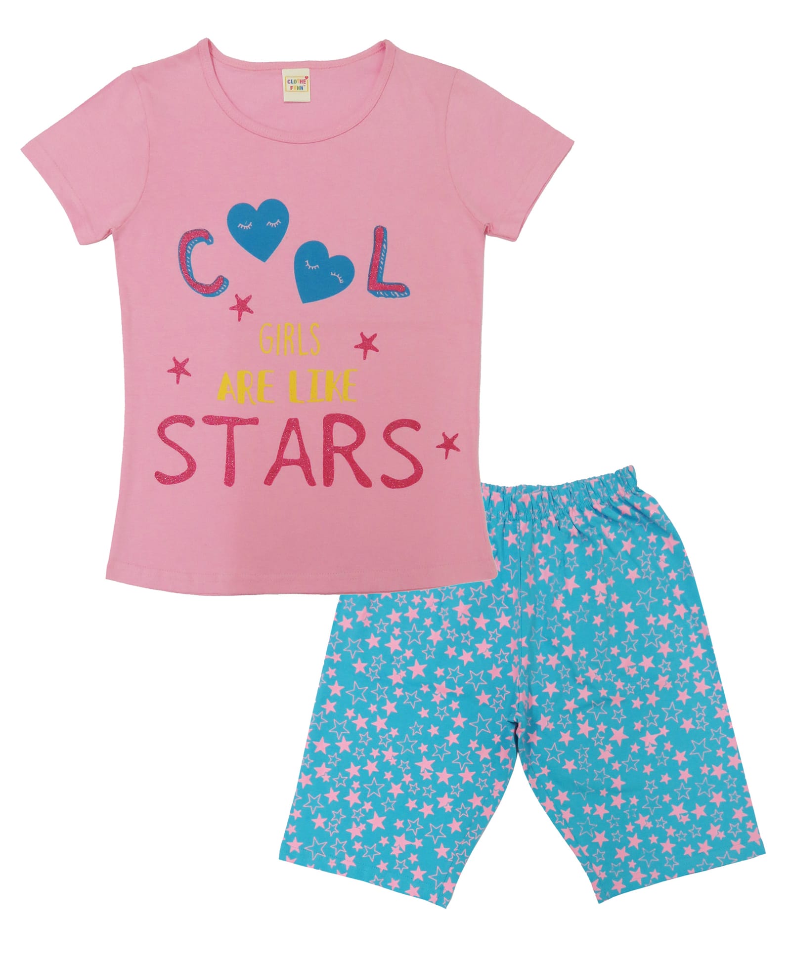Clothe Funn Cotton Knit Half Sleeves Cool Girls Are Like Stars Text Printed Tee & Shorts Night Suit - Pink & Blue-image-40