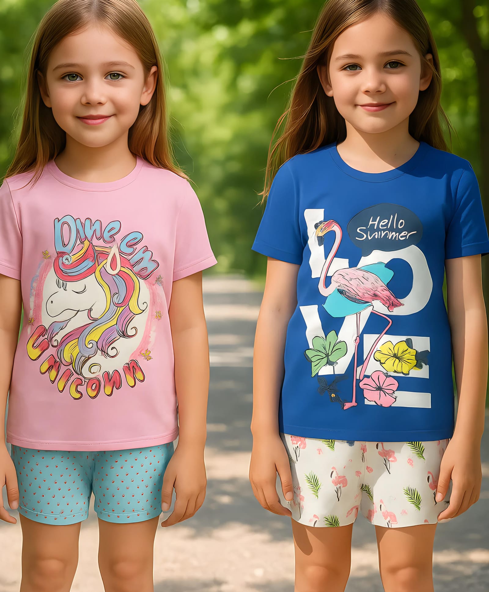 Clothe Funn Cotton Knit Pack Of 2 Half Sleeves Unicorn & Flamingo Printed Tees & Shorts Night Suit - Pink Blue & White-picture-30
