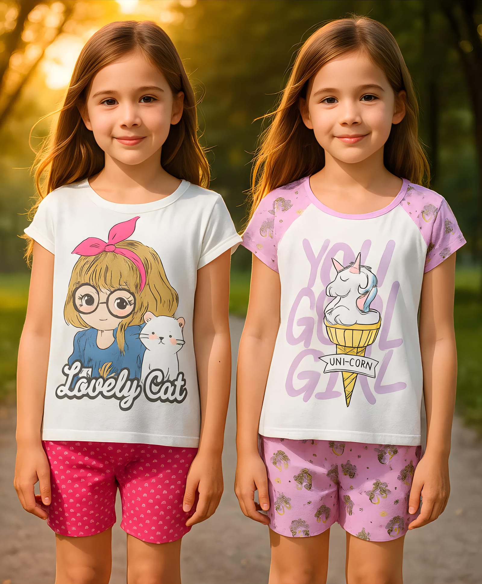Clothe Funn Cotton Knit Pack Of 2 Half Sleeves Unicorn & Cat Printed Tees & Shorts Night Suit - White & Purple-picture-26