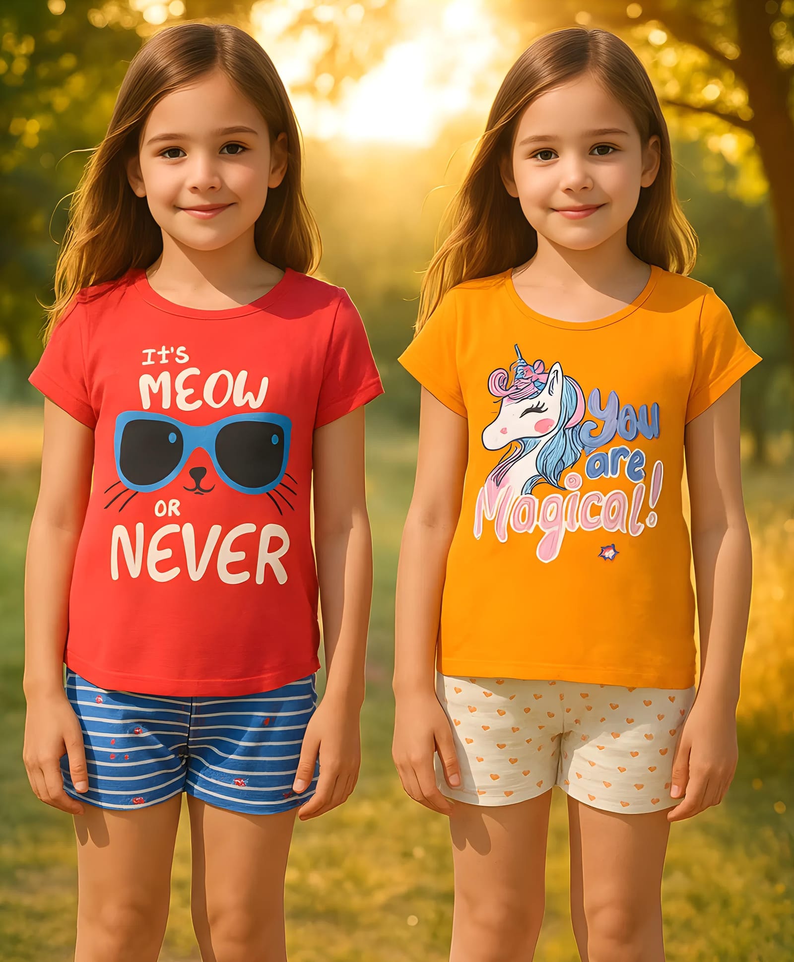 Clothe Funn Cotton Knit Pack Of 2 Half Sleeves Its Meow Or Never Text & Unicorn Printed Tees & Shorts Night Suit - Orange Coral & White-picture-25
