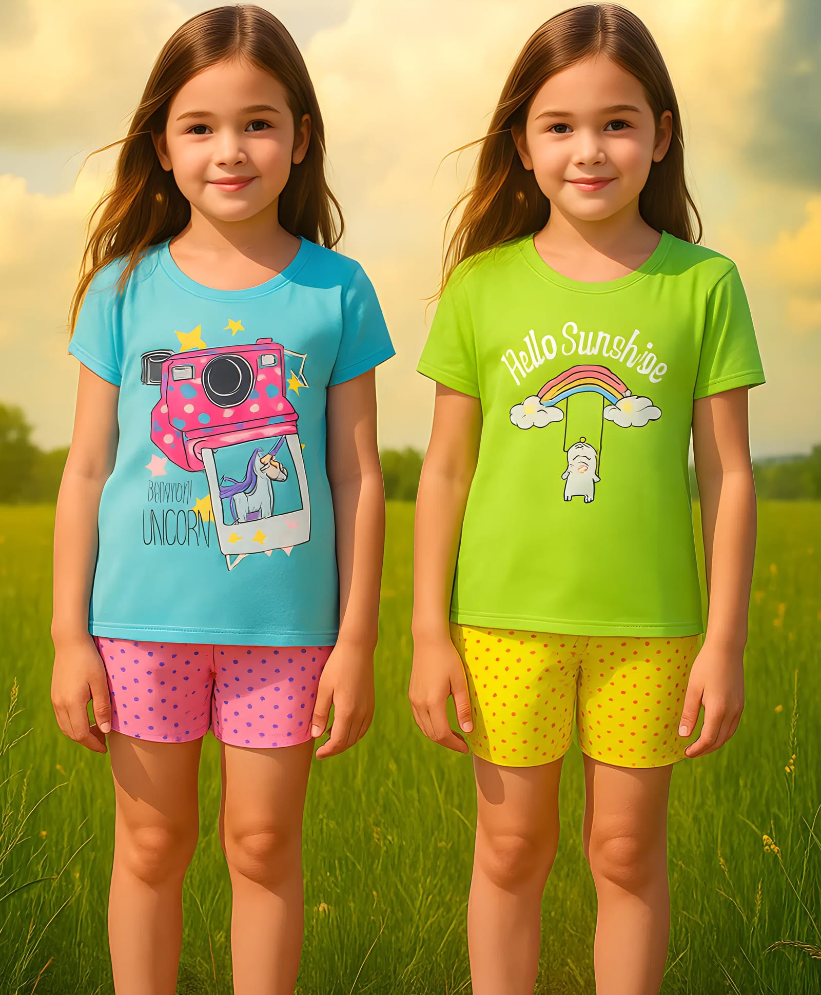 Clothe Funn Cotton Knit Pack Of 2 Half Sleeves Unicorn & Rainbow Printed Tee & Shorts Night Suit - Blue Pink & Green Yellow-image-30