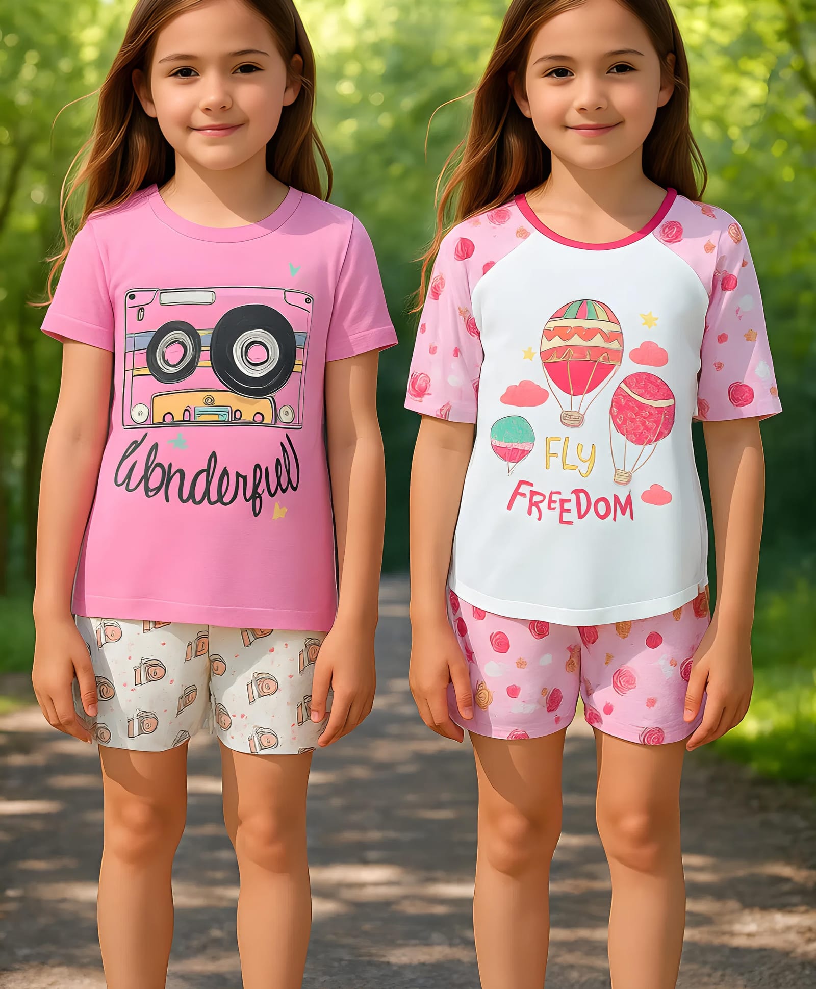 Clothe Funn Cotton Knit Pack Of 2 Half Sleeves Radio & Hot Air Balloon Printed Tee & Shorts Night Suit - Pink & White-picture-21
