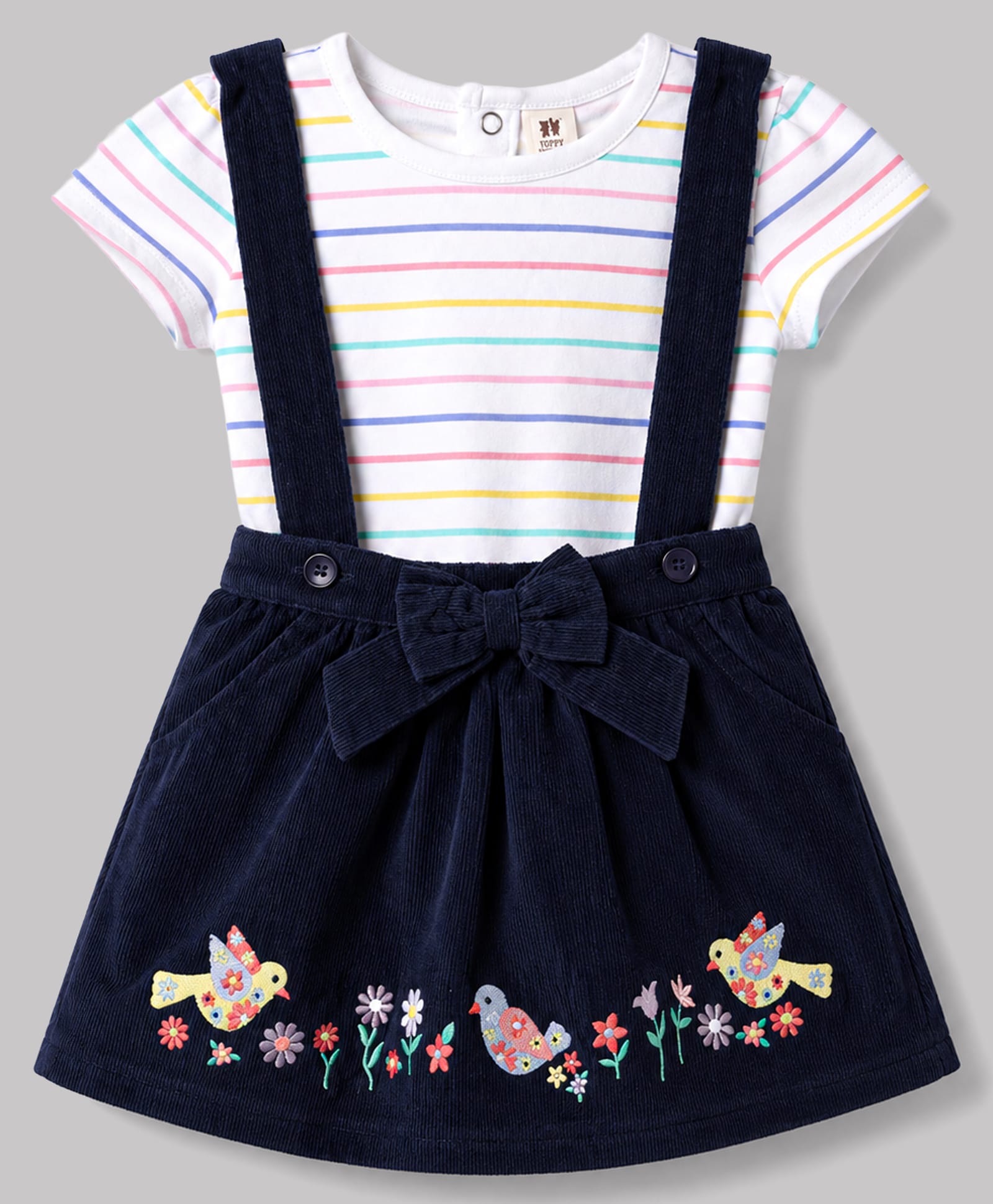 ToffyHouse Cotton Knit Half Sleeves Striped Top & Skirt Set With Floral & Bird Embroidery - Navy Blue-image-47