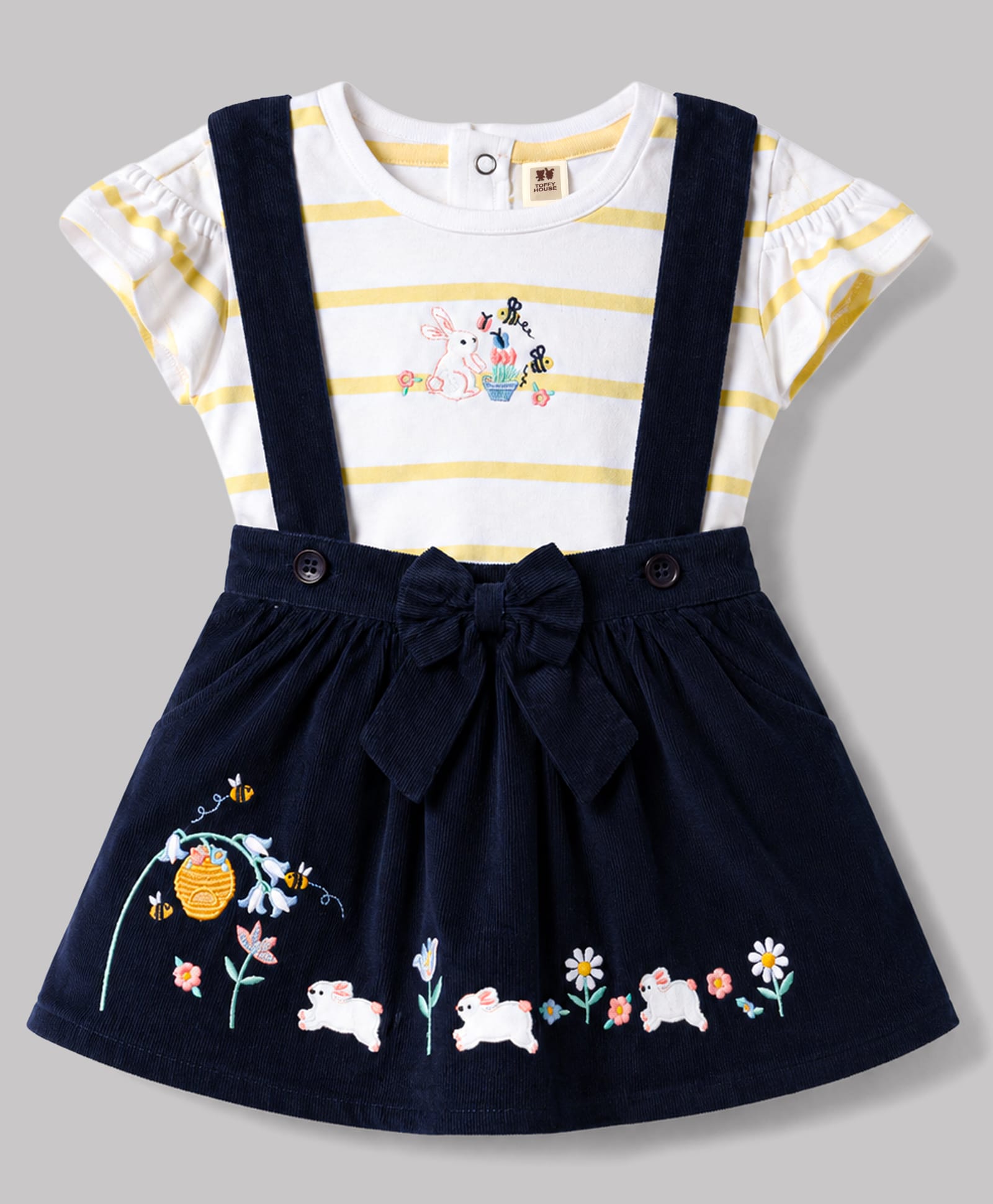 ToffyHouse Cotton Knit Half Sleeves Striped Top & Skirt Set With Floral & Bunny Embroidery - Navy Blue-image-49