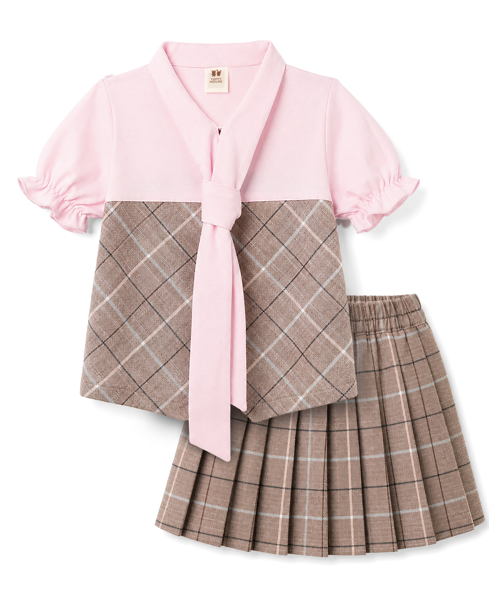 ToffyHouse Cotton Knit Half Sleeves Top & Checks Skirt With Tie Applique - Brown-picture-11