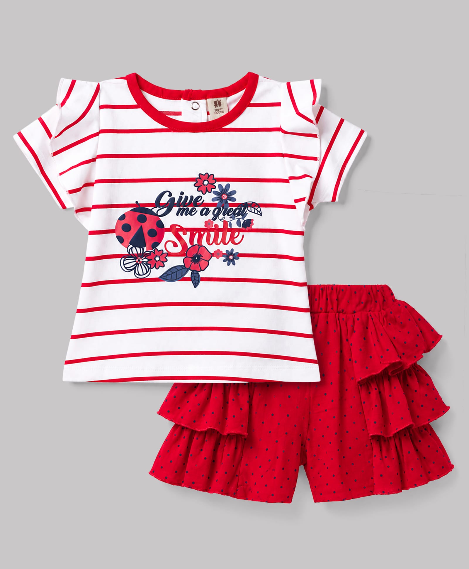 ToffyHouse Cotton Knit Half Sleeves Striped Top & Shorts Set With Bugs & Floral Print - White & Red-picture-1