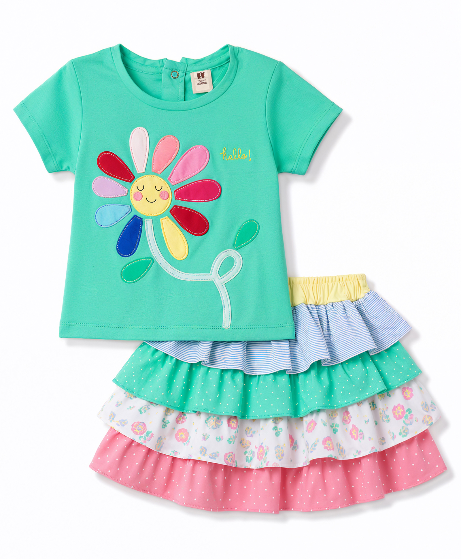 ToffyHouse Cotton Knit Half Sleeves Top & Layered Skirt Set With Floral Print - Green-image-48
